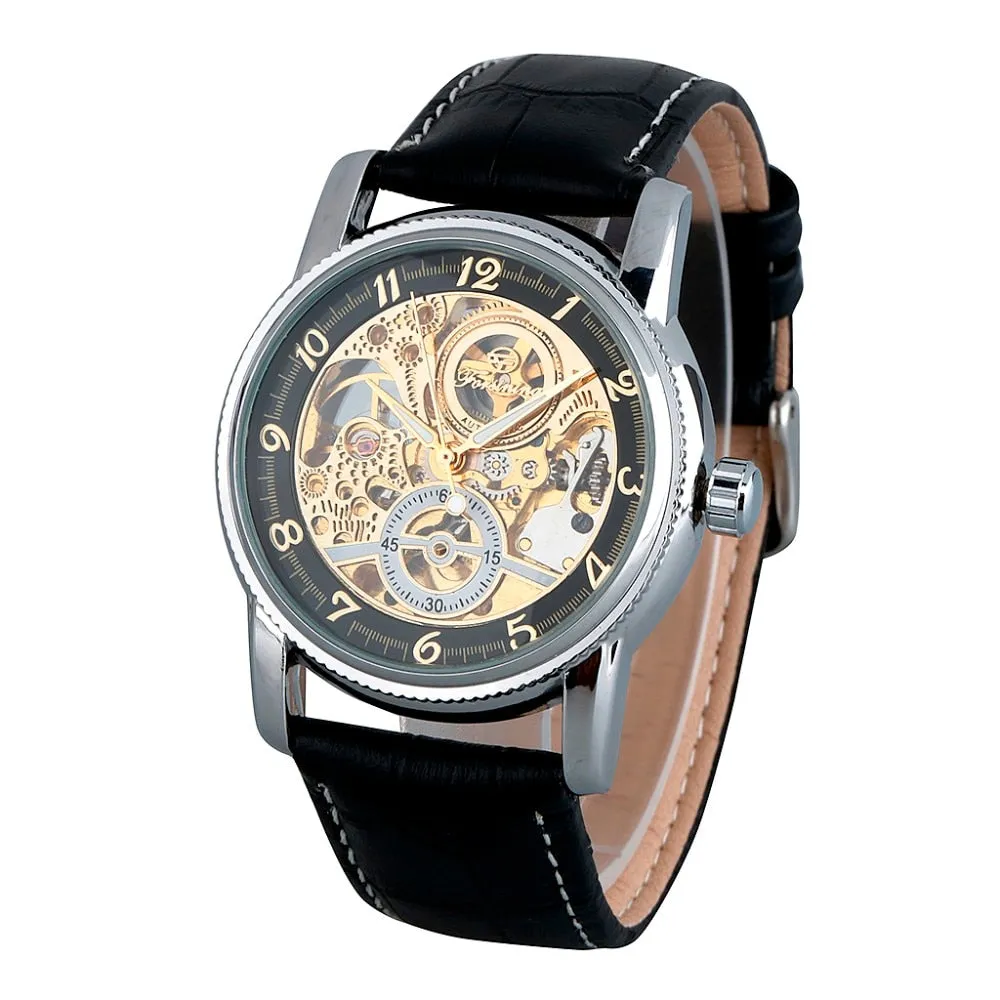 Luxury Retro Style Skeleton Genuine Leather Automatic Self-Wind Watch