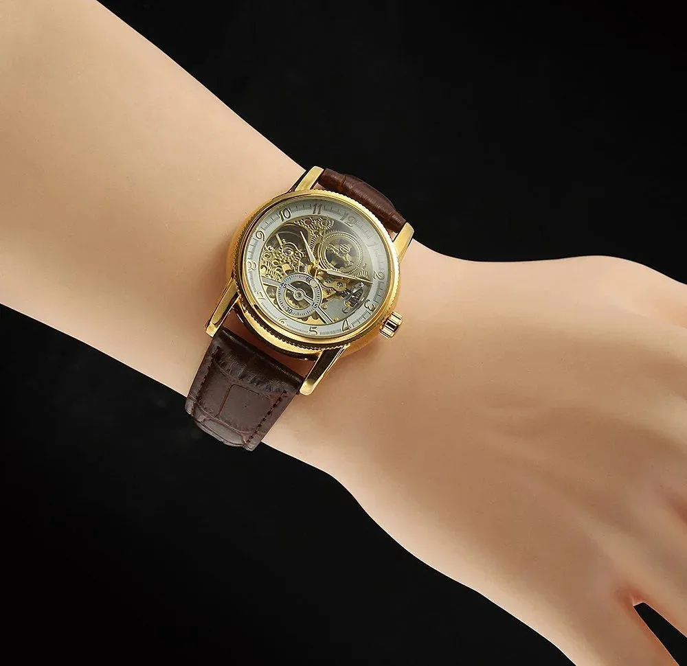 Luxury Retro Style Skeleton Genuine Leather Automatic Self-Wind Watch