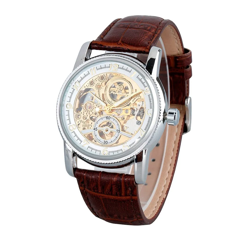 Luxury Retro Style Skeleton Genuine Leather Automatic Self-Wind Watch