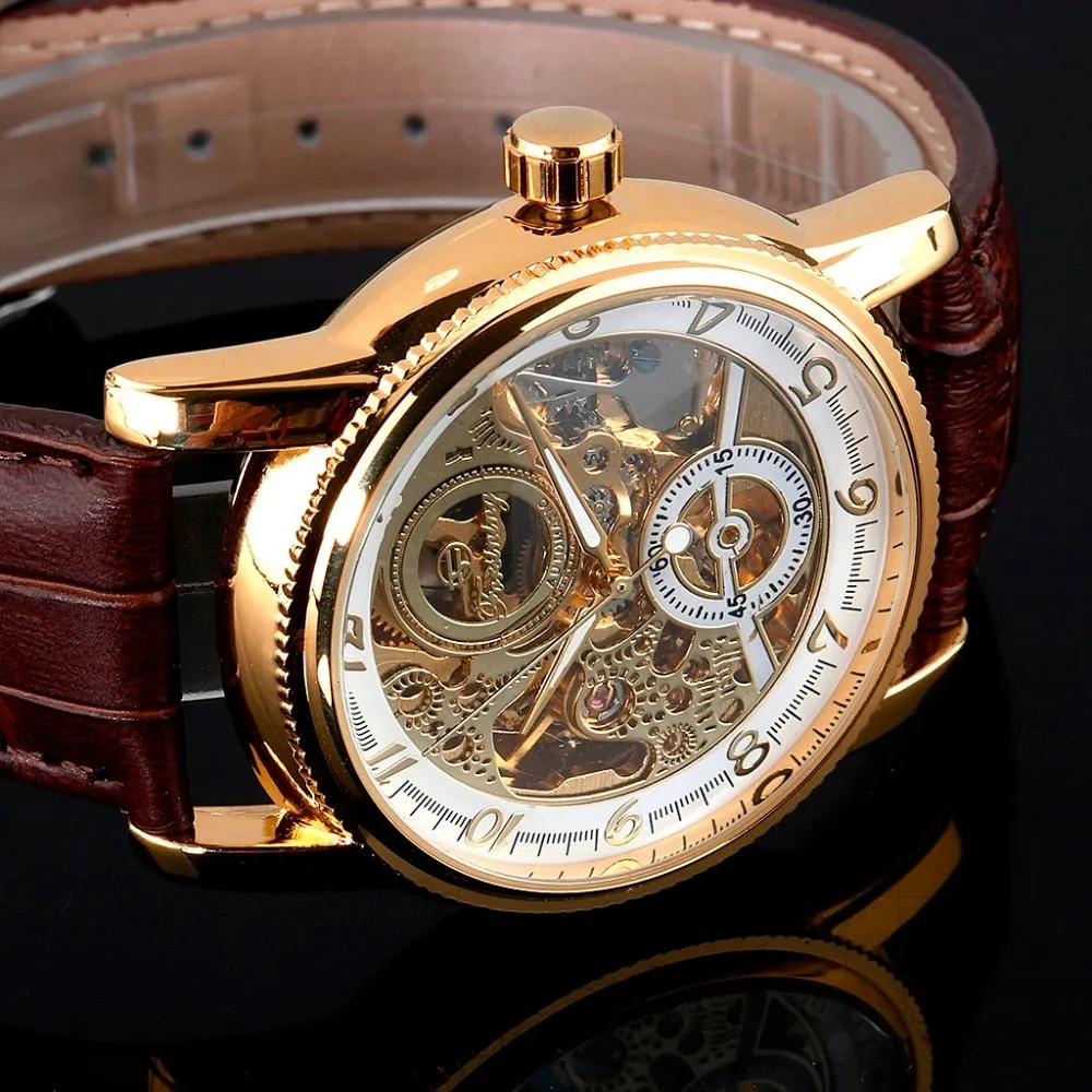 Luxury Retro Style Skeleton Genuine Leather Automatic Self-Wind Watch