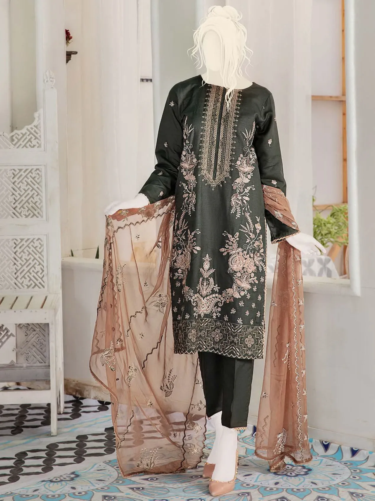 Noir by Humdum Embroidered Slub Linen Unstitched 3Pc Suit D-06