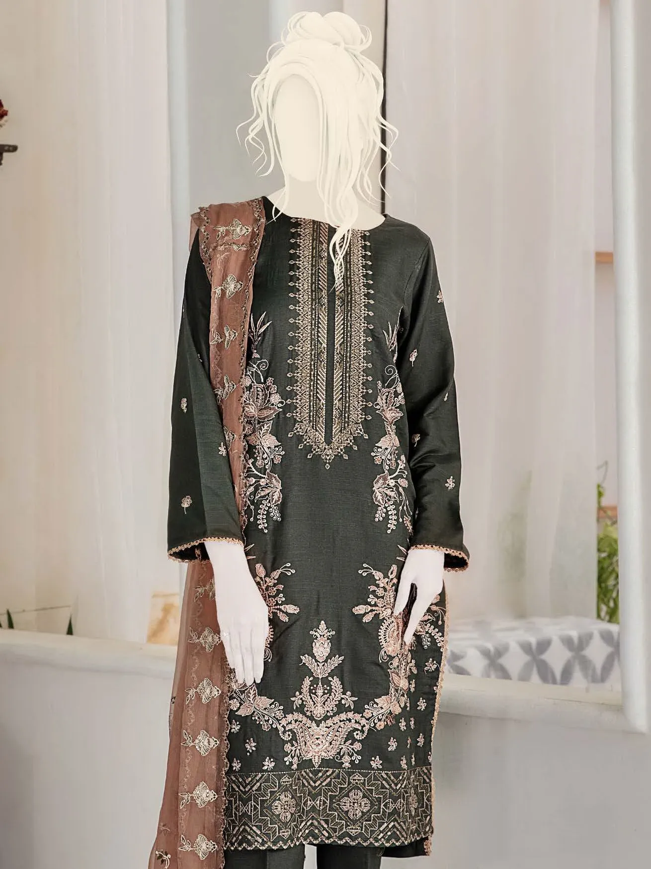 Noir by Humdum Embroidered Slub Linen Unstitched 3Pc Suit D-06