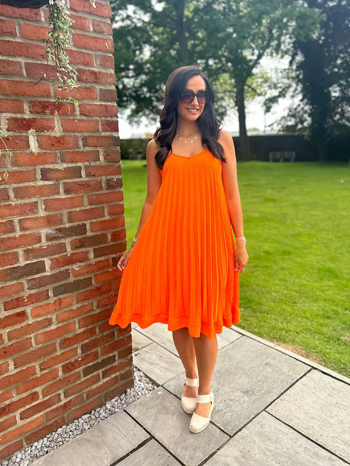 Orange Pleated Strappy Dress Alesha