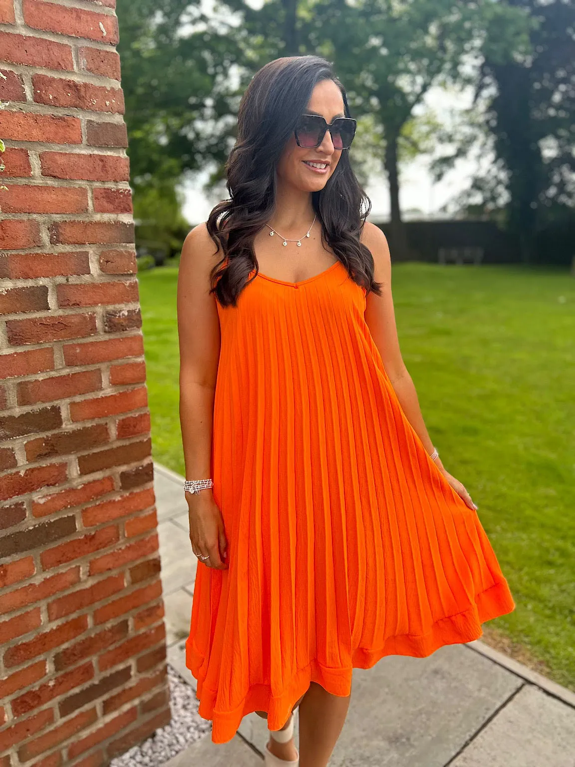 Orange Pleated Strappy Dress Alesha