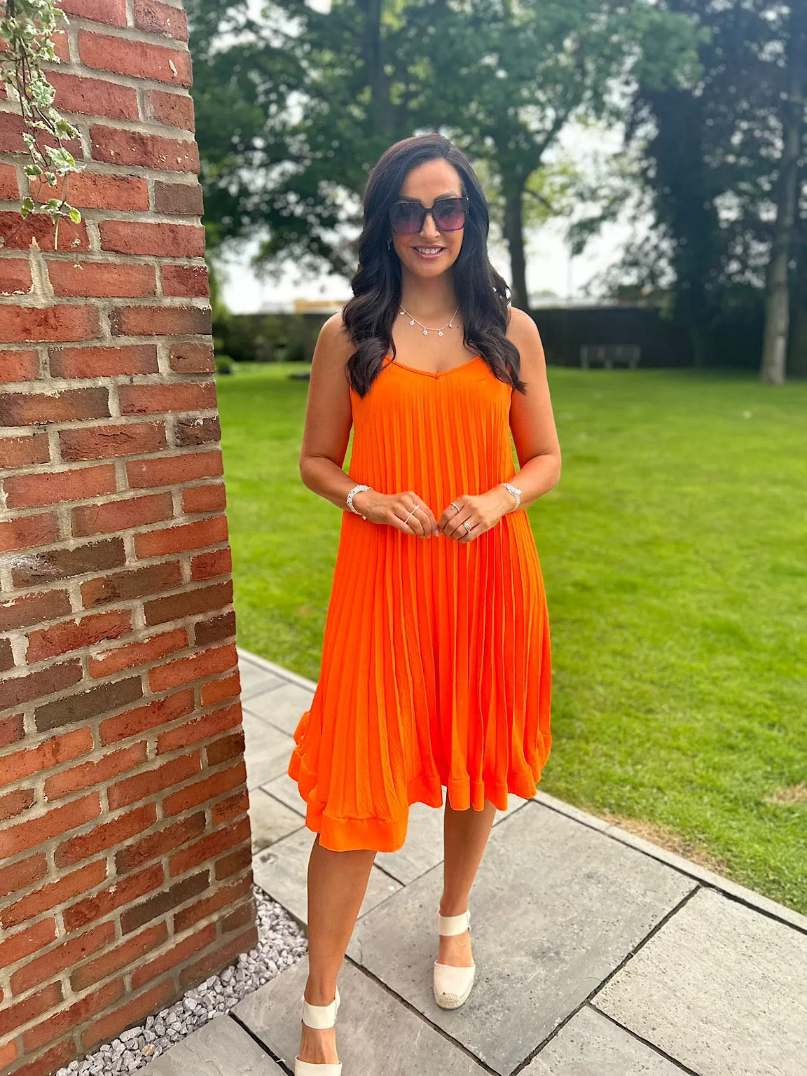 Orange Pleated Strappy Dress Alesha