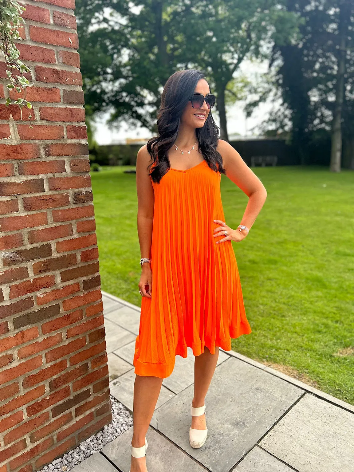 Orange Pleated Strappy Dress Alesha