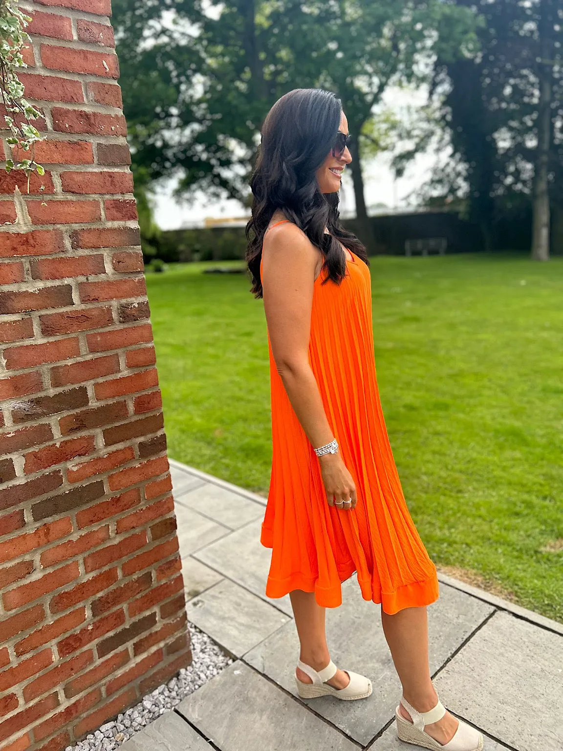 Orange Pleated Strappy Dress Alesha