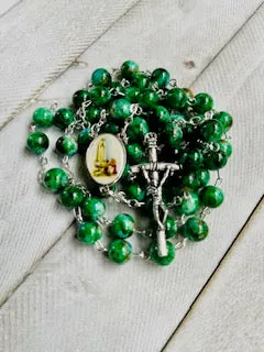 Our Lady of Fatima Green glass beads Rosary