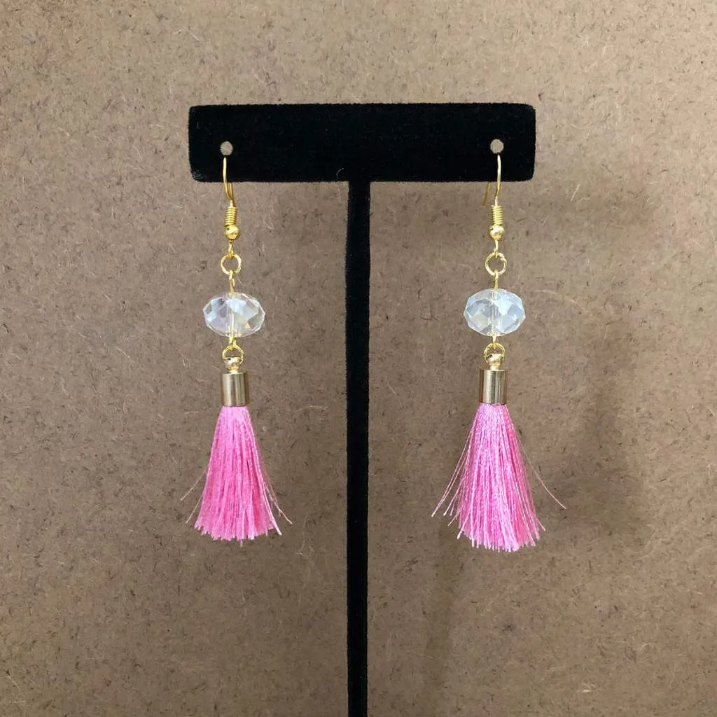 Pink Tassel and Clear Crystal Dangle Earrings