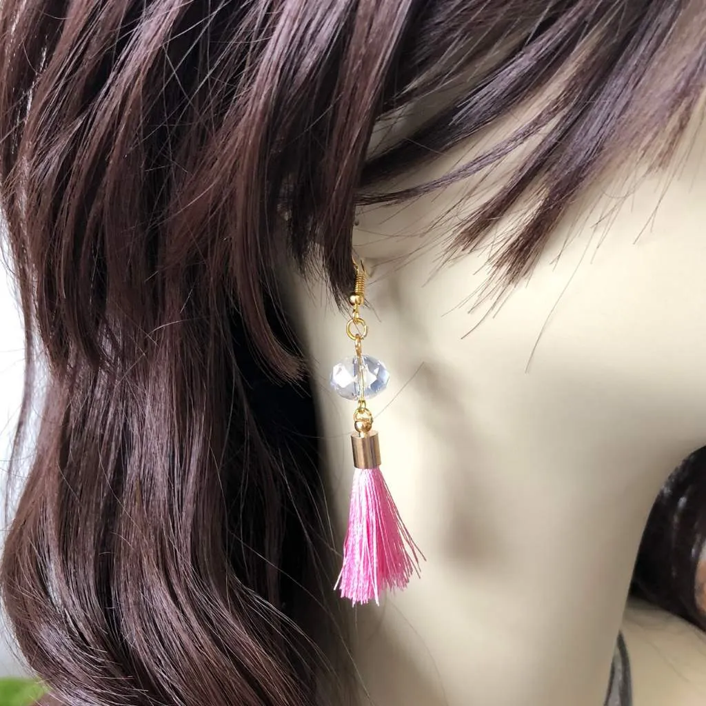 Pink Tassel and Clear Crystal Dangle Earrings