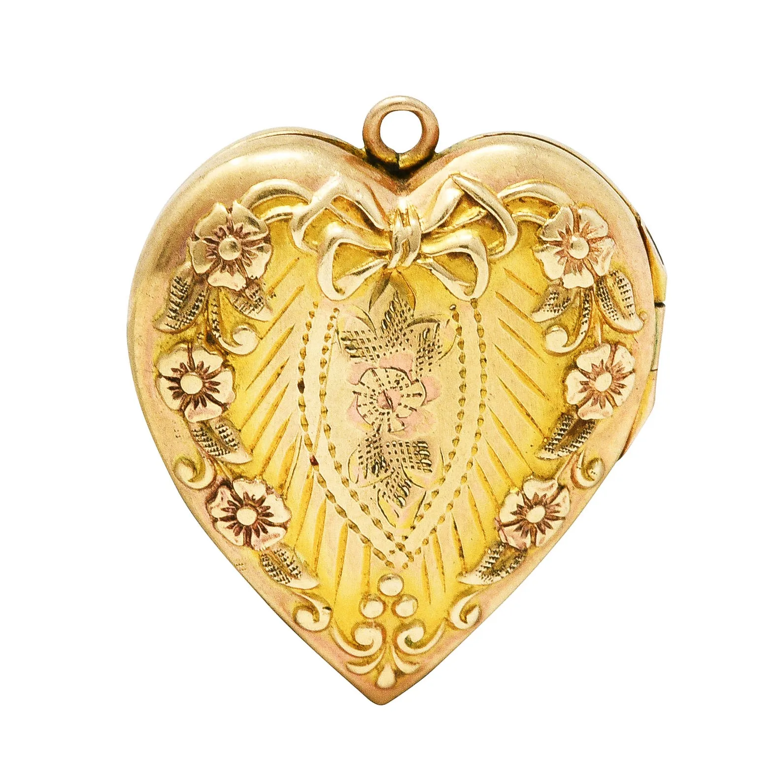 Plainville Stock Co. Art Deco 10 Karat Gold Floral Bow Heart Locket Pendant