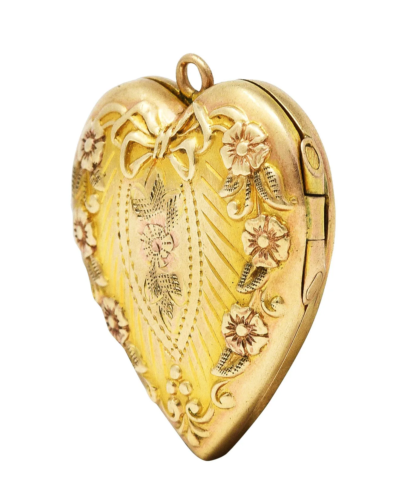 Plainville Stock Co. Art Deco 10 Karat Gold Floral Bow Heart Locket Pendant