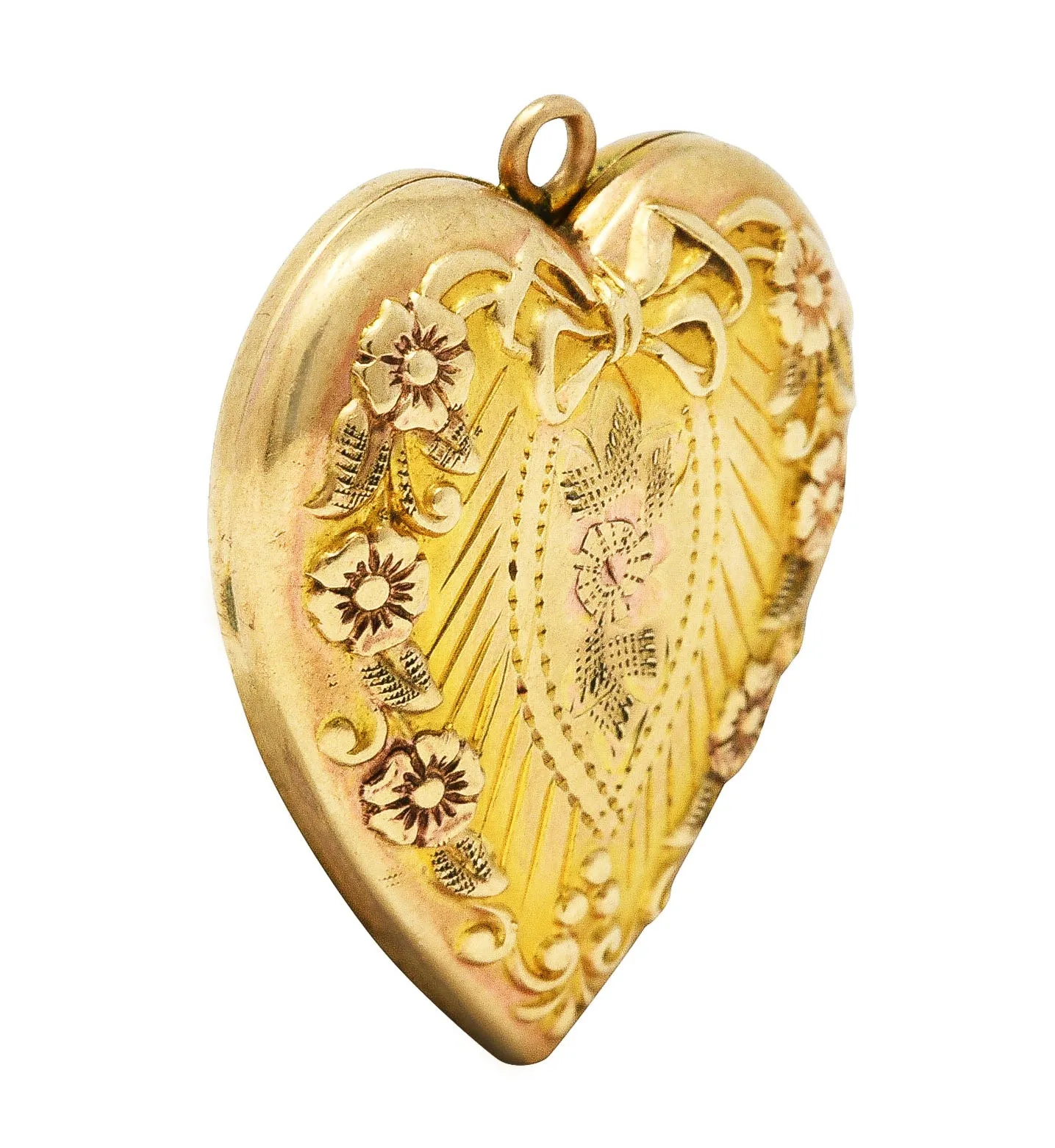 Plainville Stock Co. Art Deco 10 Karat Gold Floral Bow Heart Locket Pendant