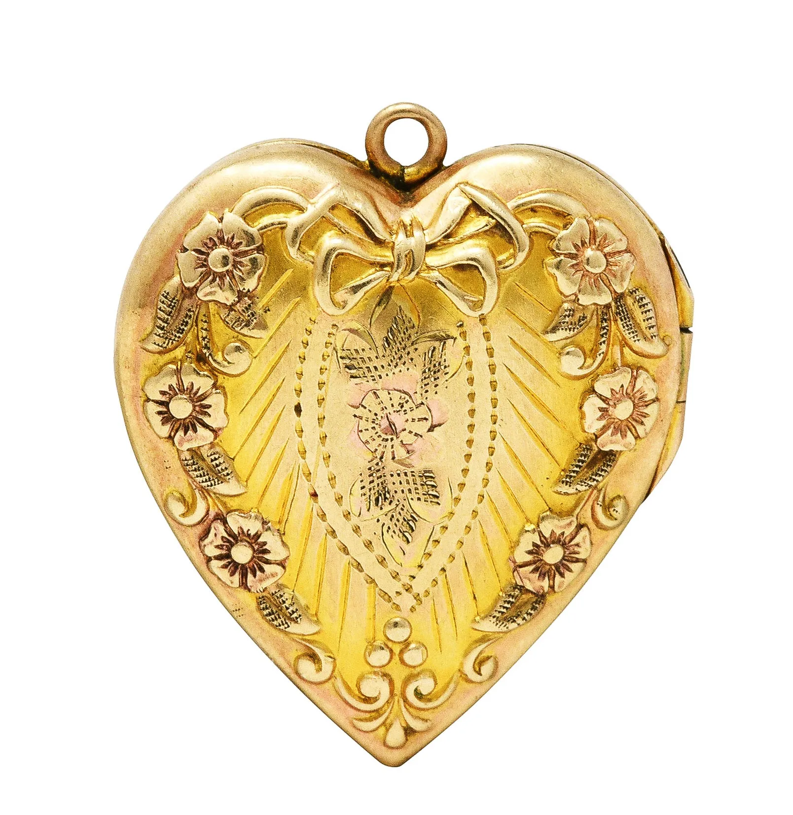 Plainville Stock Co. Art Deco 10 Karat Gold Floral Bow Heart Locket Pendant