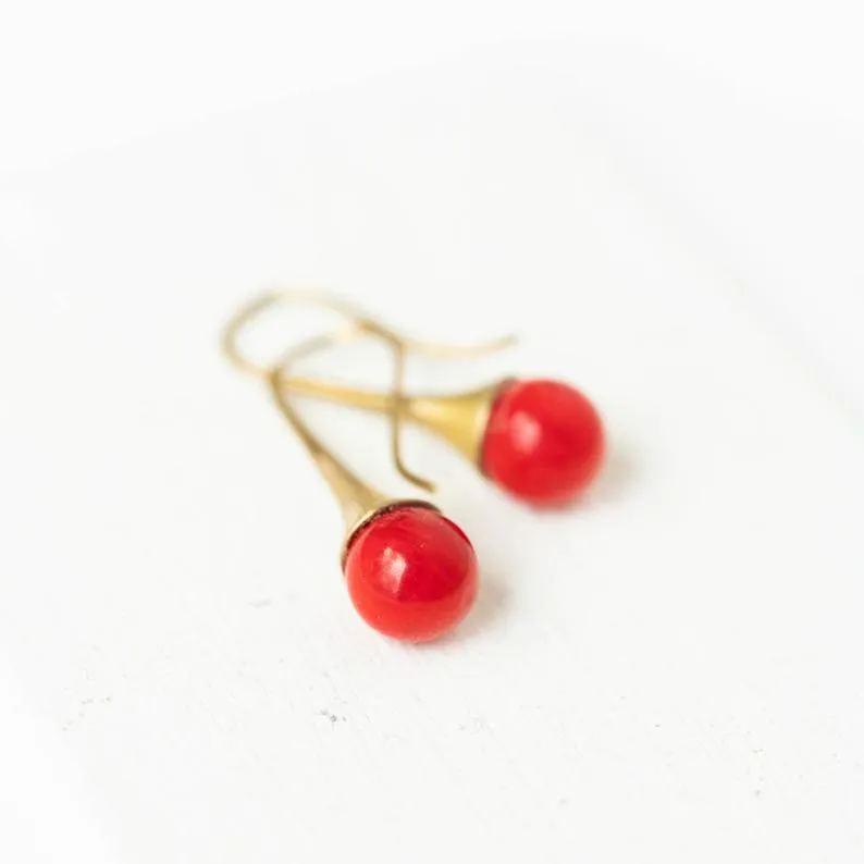 Red Coral Teardrop Earrings-WS