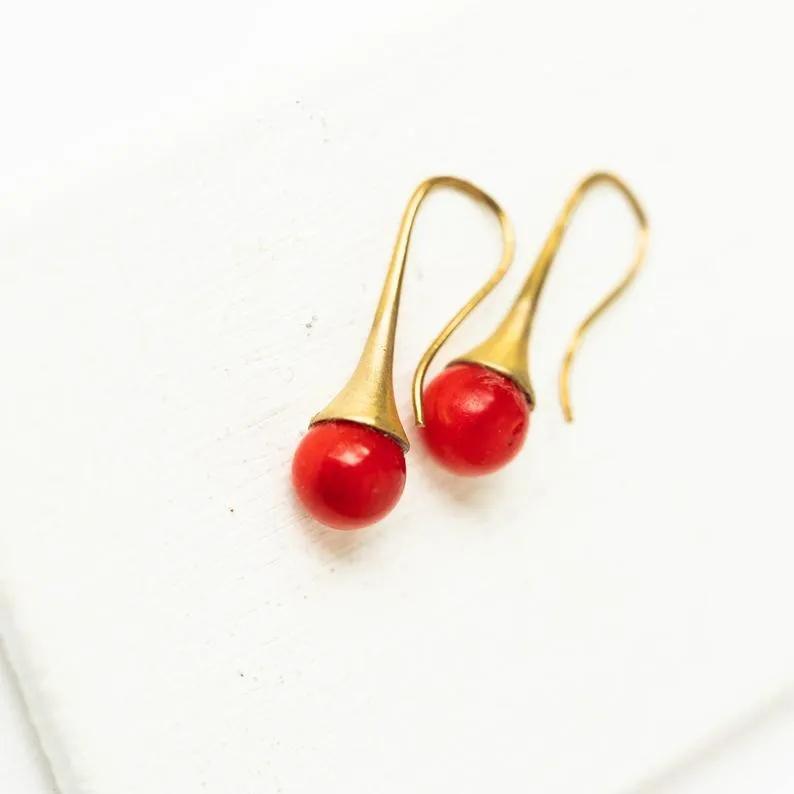 Red Coral Teardrop Earrings-WS