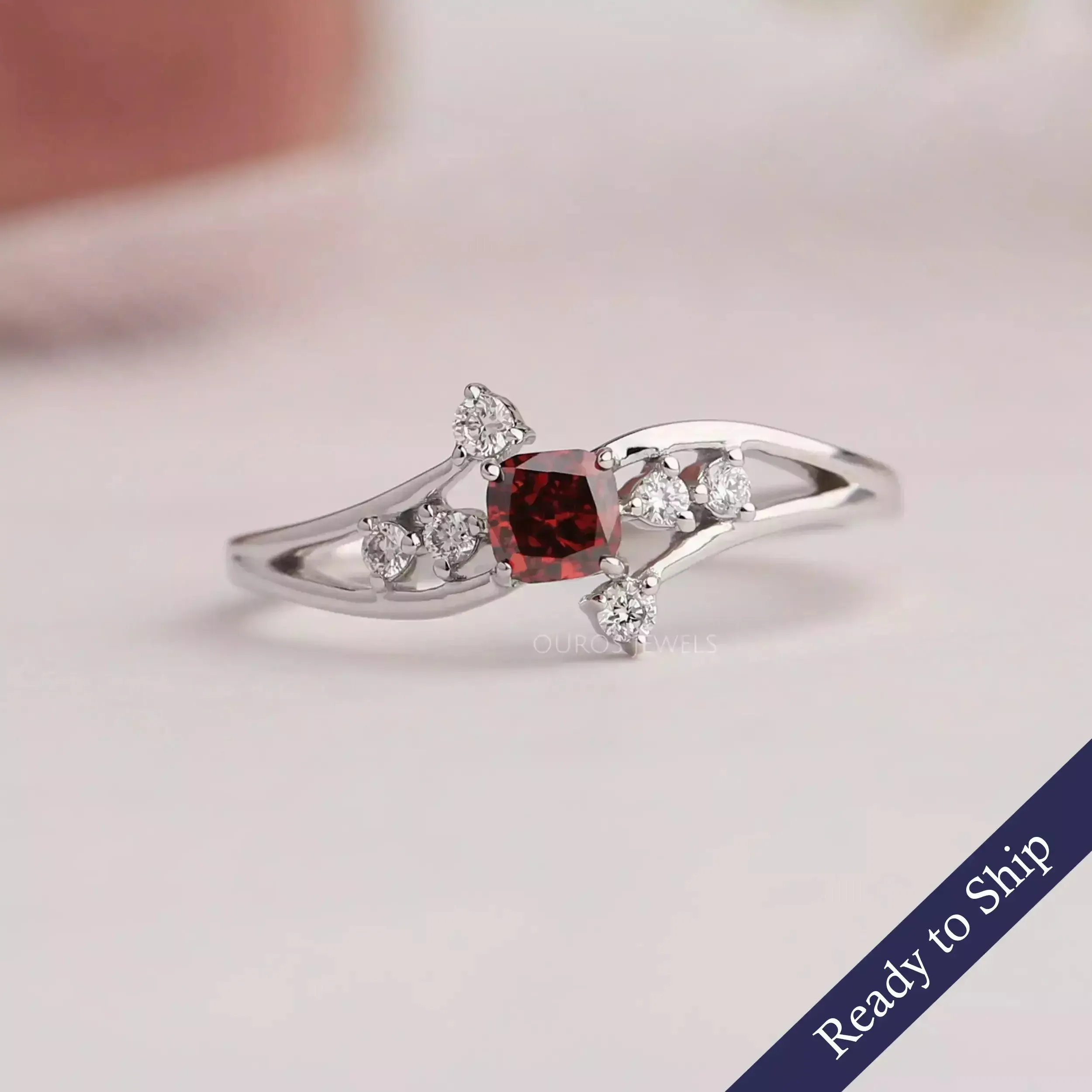 Red Cushion Cut Cluster Diamond  Ring