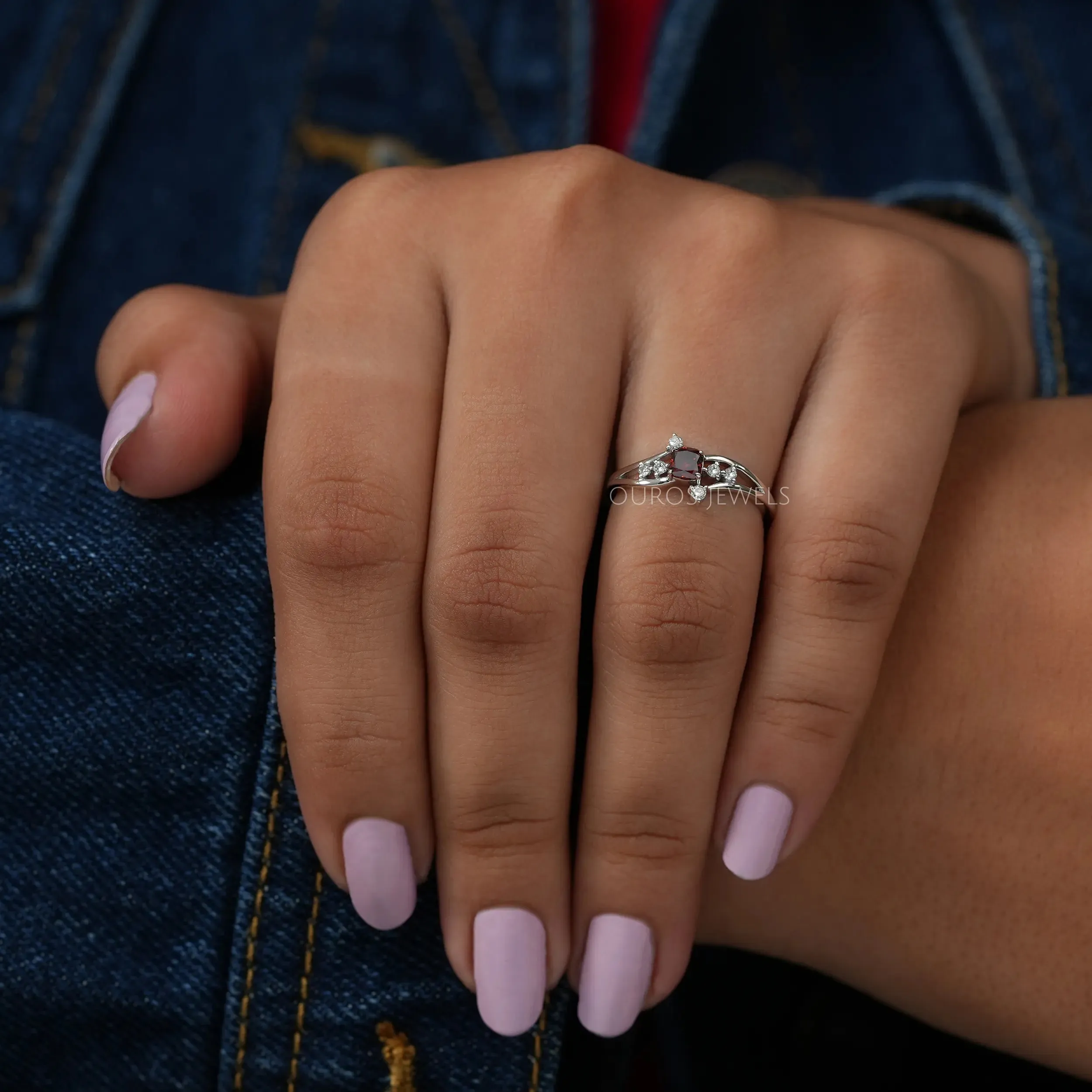 Red Cushion Cut Cluster Diamond  Ring