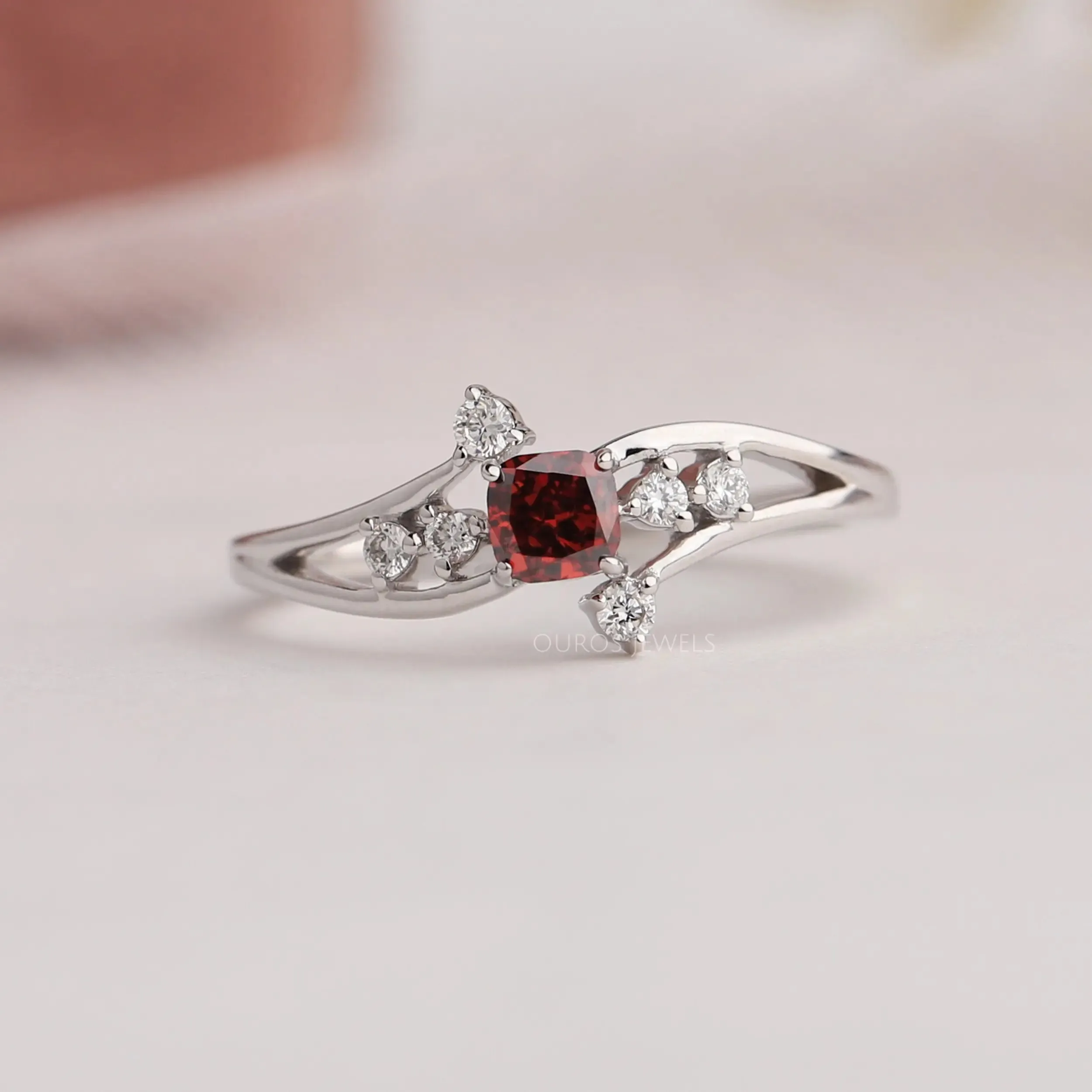 Red Cushion Cut Cluster Diamond  Ring