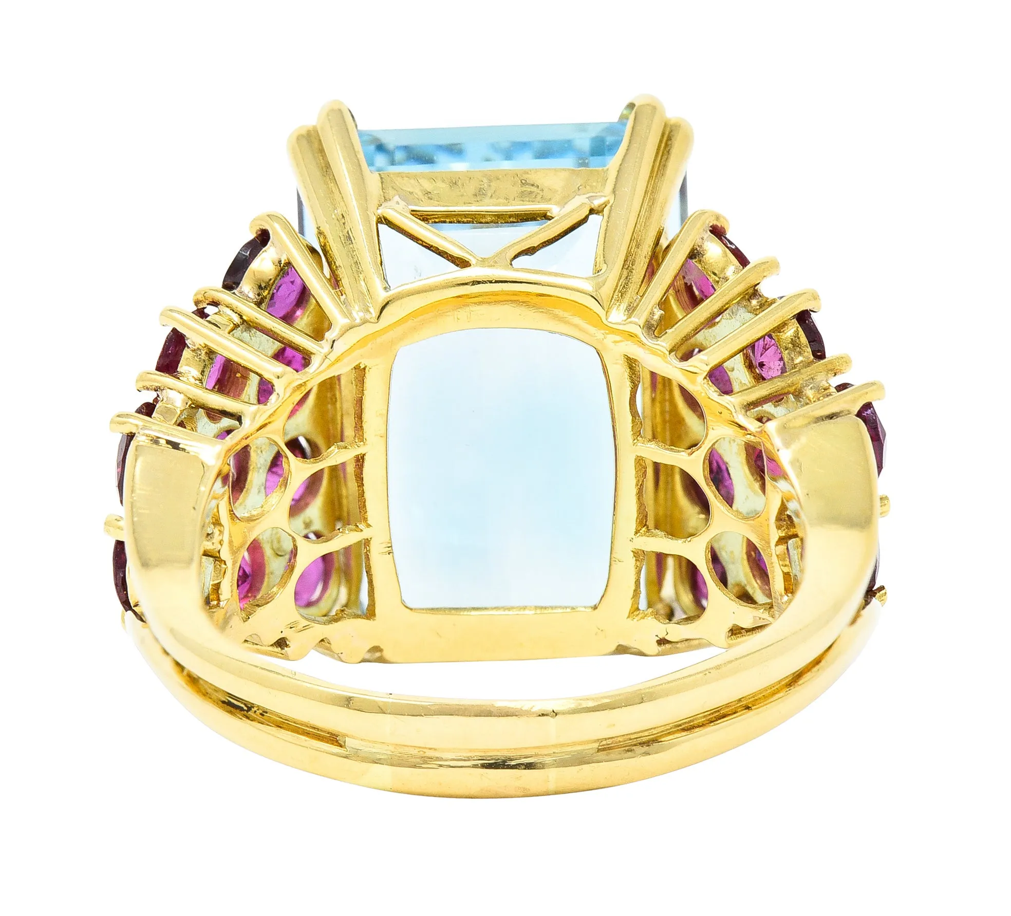 Retro 17.12 CTW Emerald Cut Aquamarine Ruby 18 Karat Yellow Gold Vintage Cocktail Ring