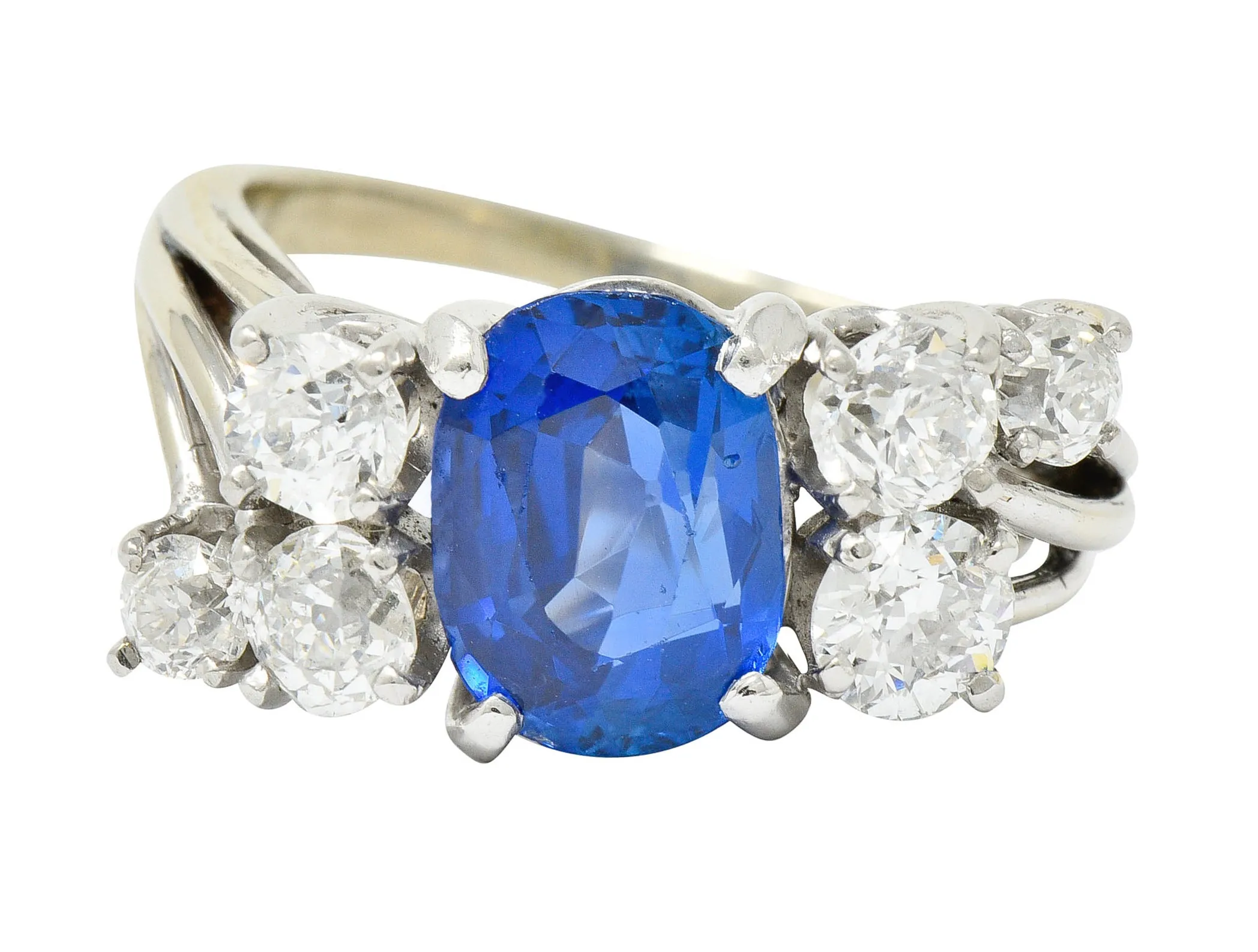 Retro 4.72 CTW No Heat Ceylon Sapphire Diamond 14 Karat White Gold Bypass Cluster Ring GIA