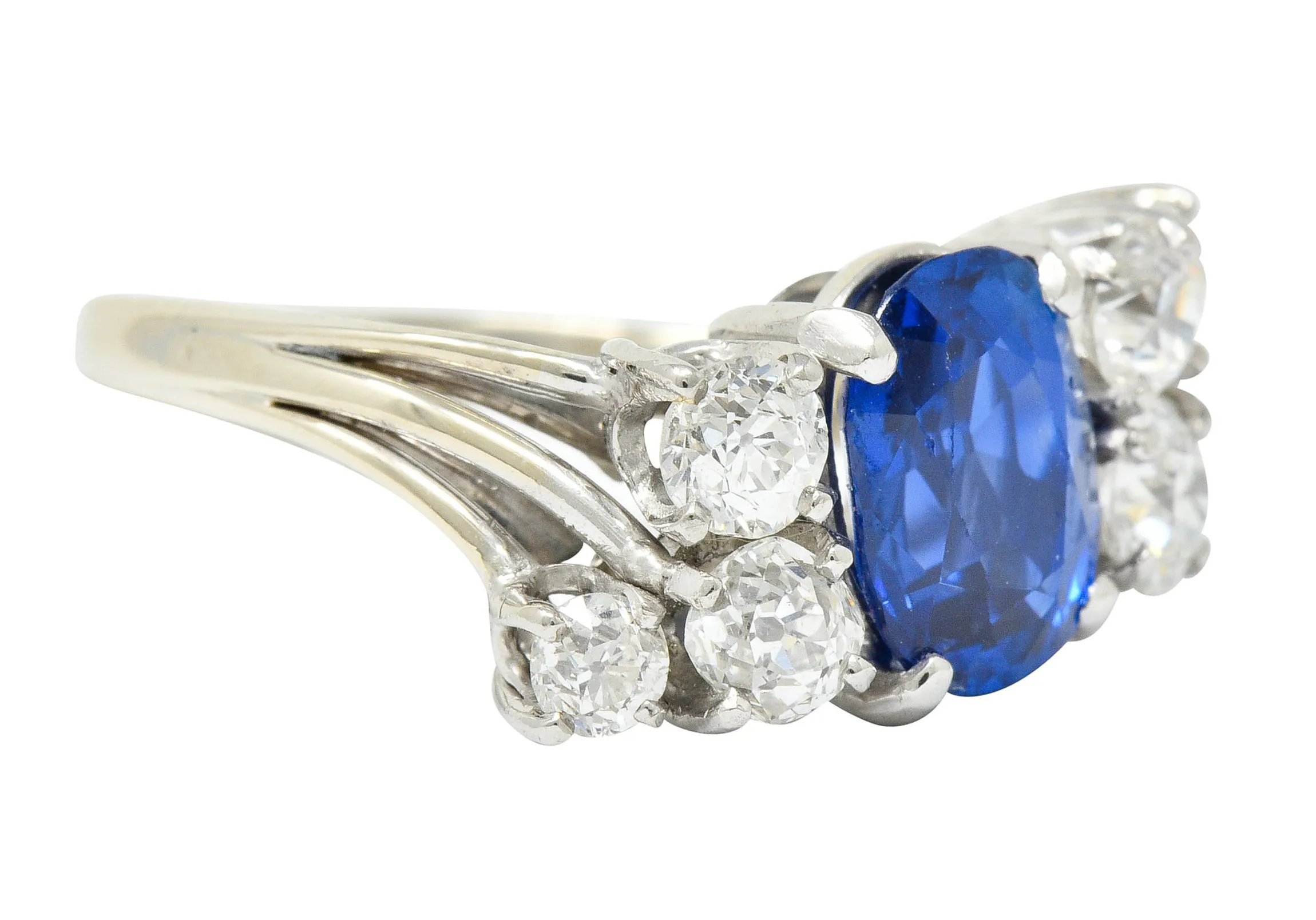 Retro 4.72 CTW No Heat Ceylon Sapphire Diamond 14 Karat White Gold Bypass Cluster Ring GIA