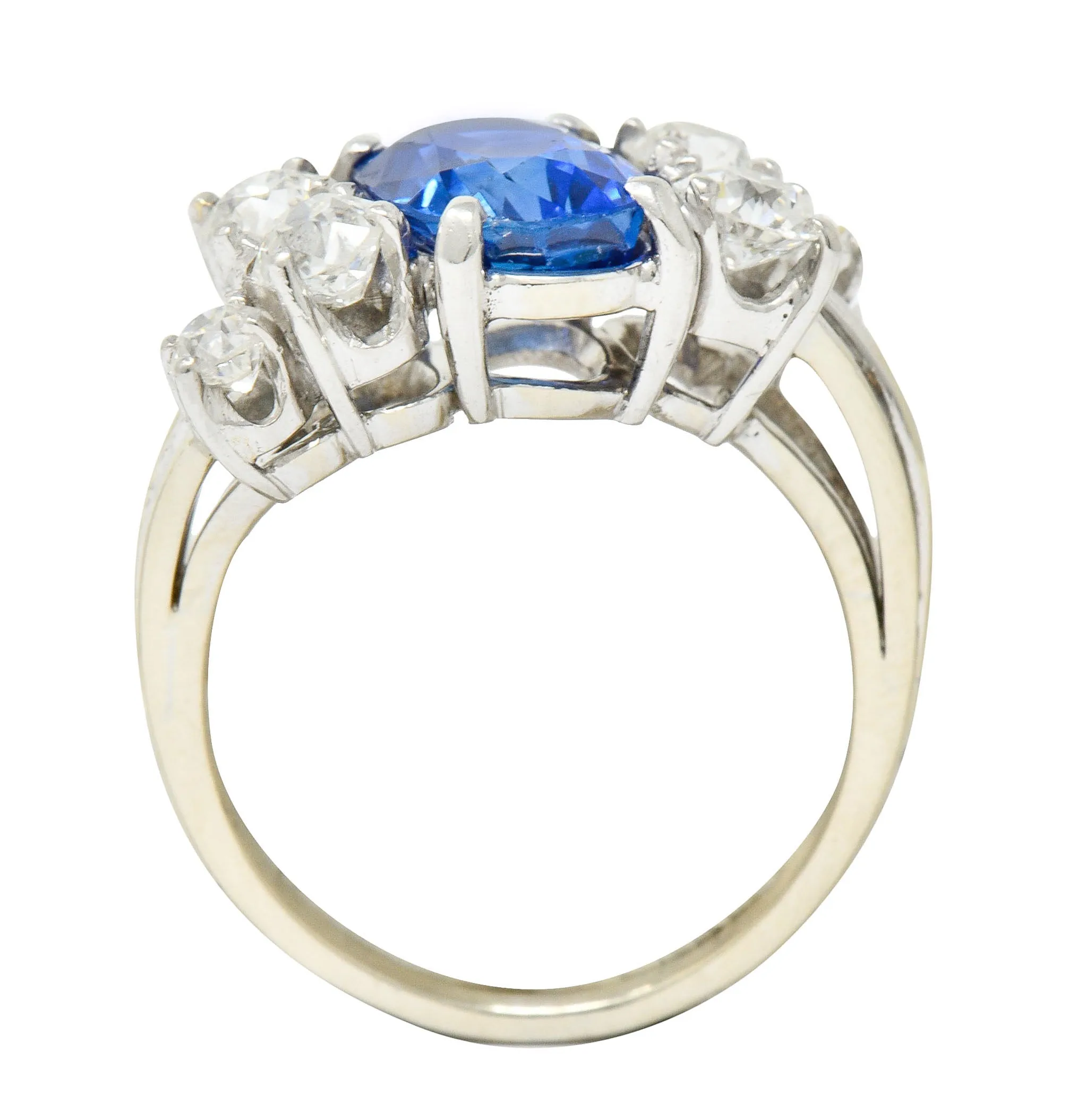 Retro 4.72 CTW No Heat Ceylon Sapphire Diamond 14 Karat White Gold Bypass Cluster Ring GIA