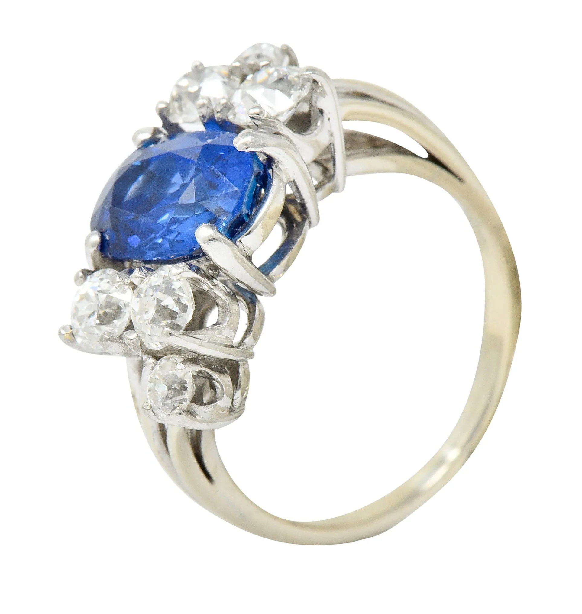 Retro 4.72 CTW No Heat Ceylon Sapphire Diamond 14 Karat White Gold Bypass Cluster Ring GIA