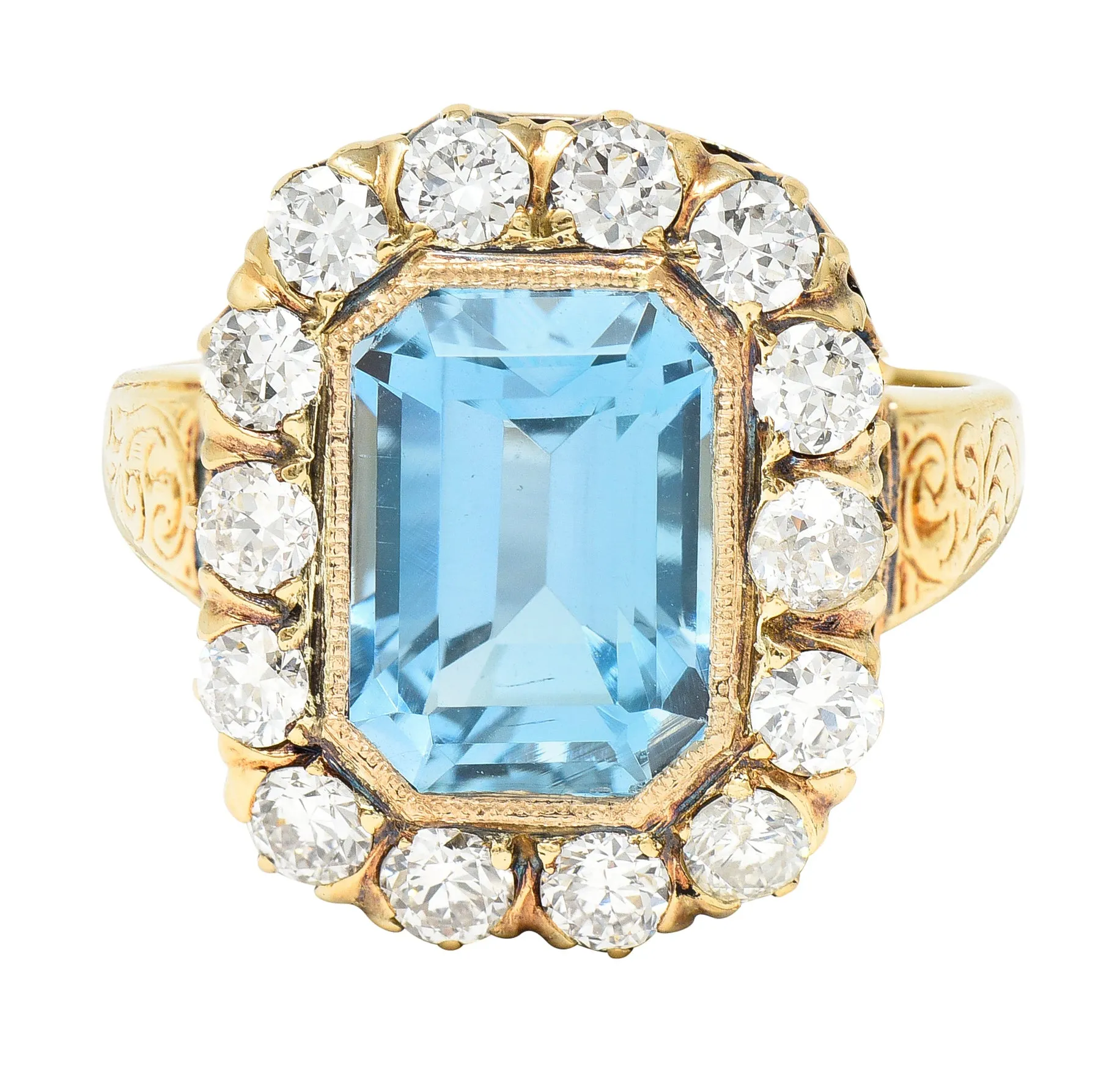 Retro 4.92 CTW Aquamarine Old European Cut Diamond 14 Karat Yellow Gold Halo Cluster Ring