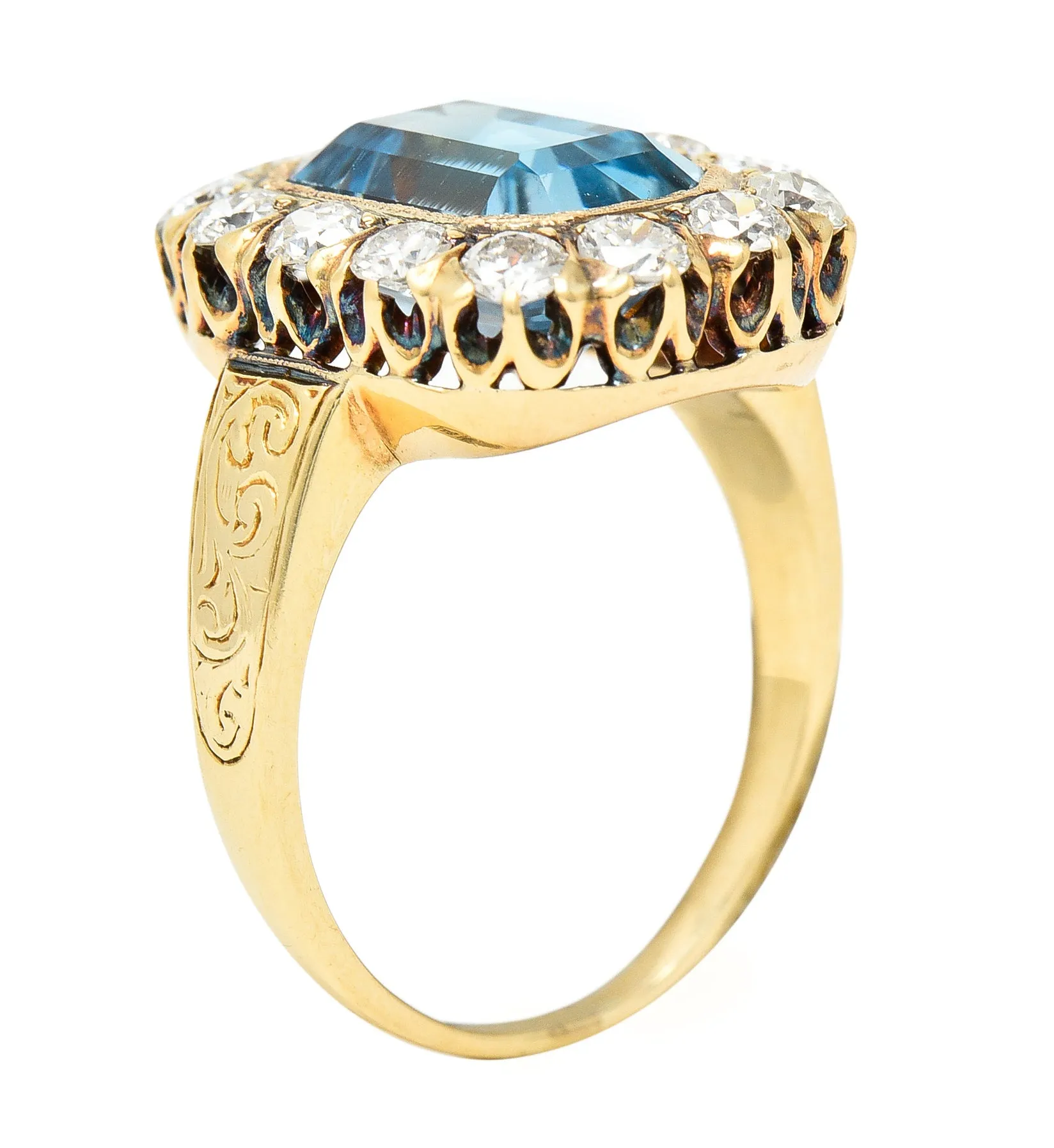 Retro 4.92 CTW Aquamarine Old European Cut Diamond 14 Karat Yellow Gold Halo Cluster Ring