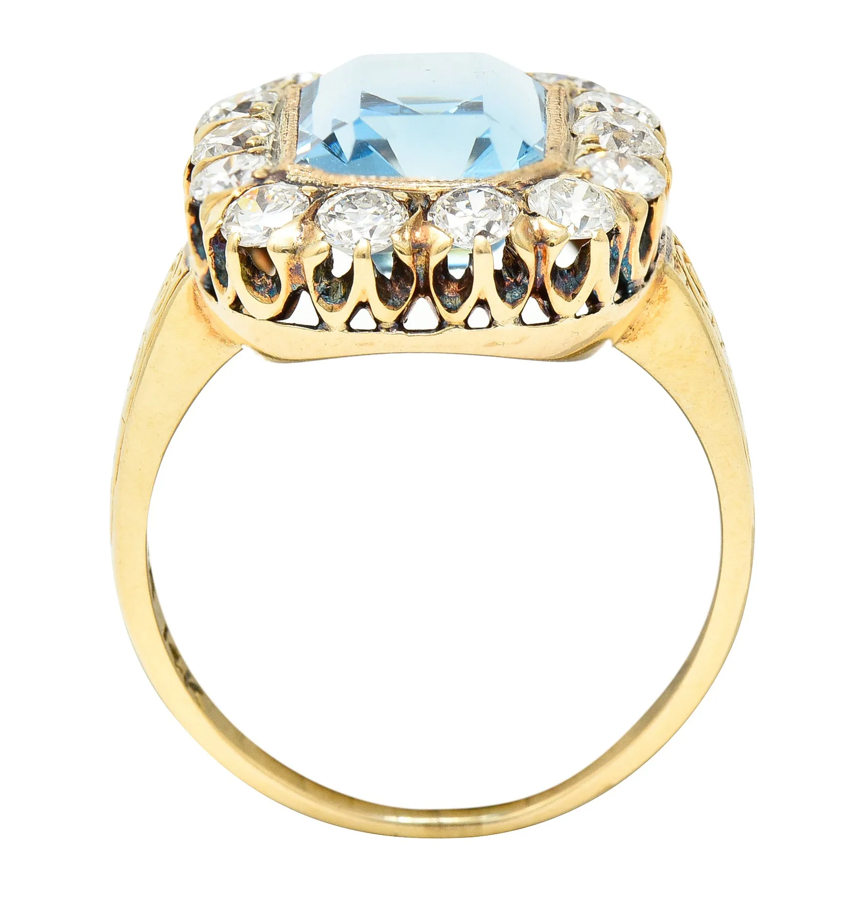 Retro 4.92 CTW Aquamarine Old European Cut Diamond 14 Karat Yellow Gold Halo Cluster Ring