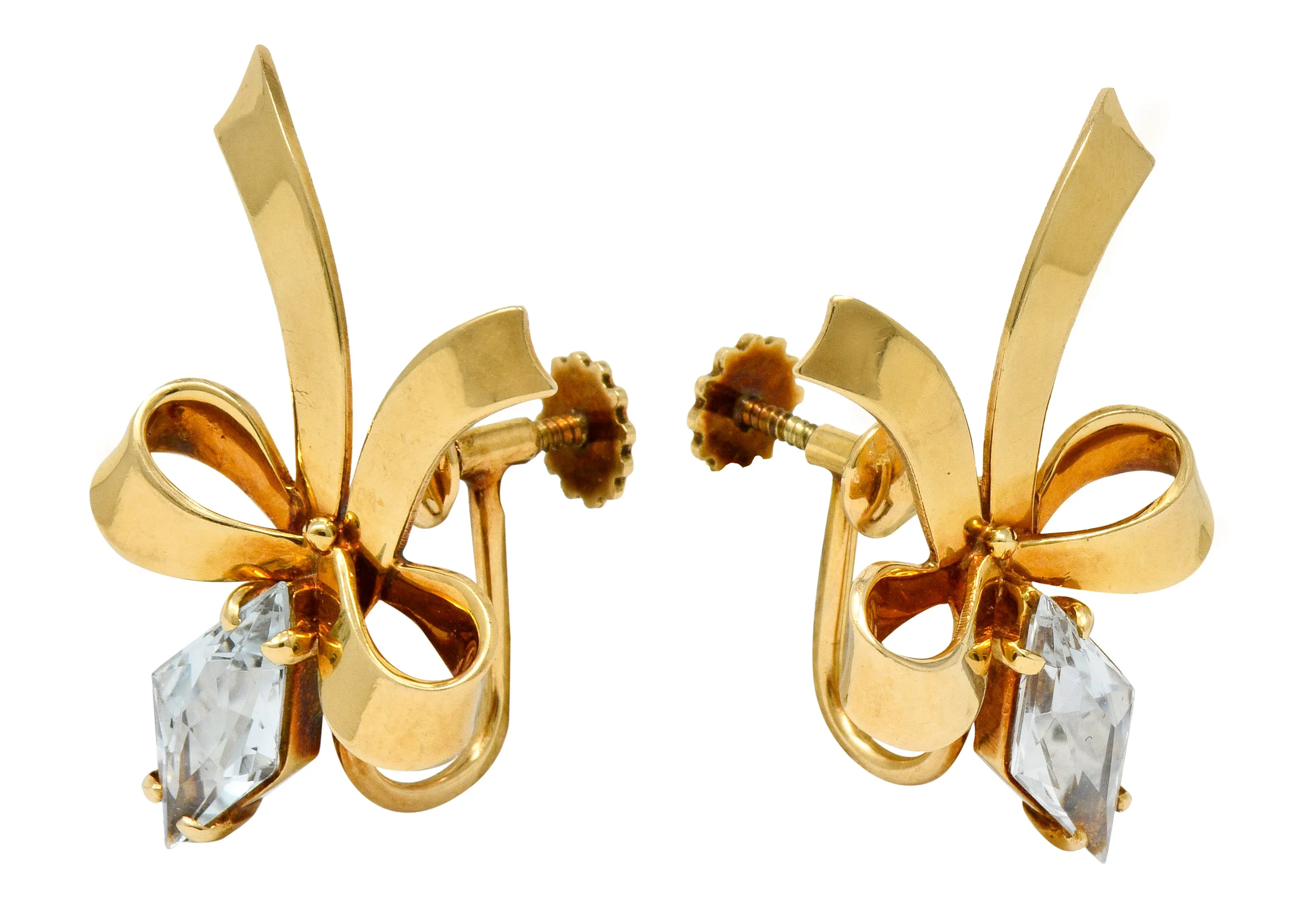 Retro Aquamarine 14 Karat Gold Ribboned Bow Screwback Earrings