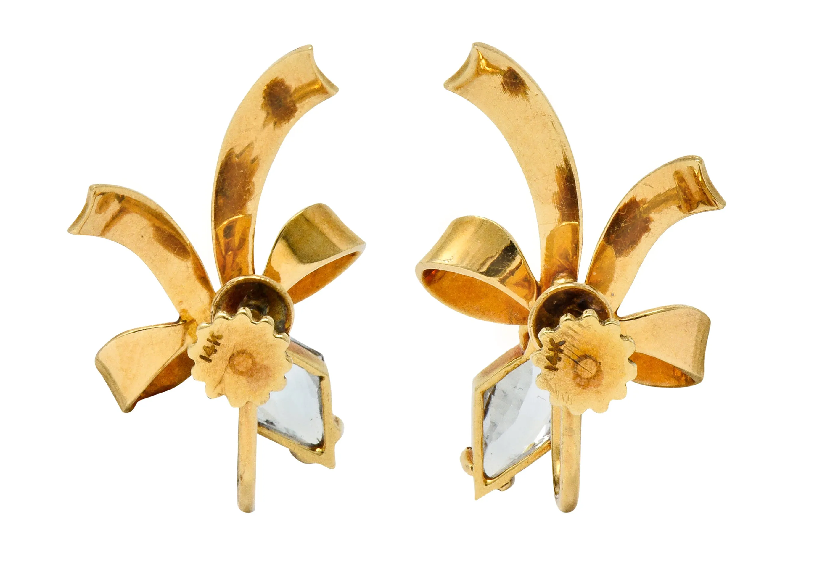 Retro Aquamarine 14 Karat Gold Ribboned Bow Screwback Earrings