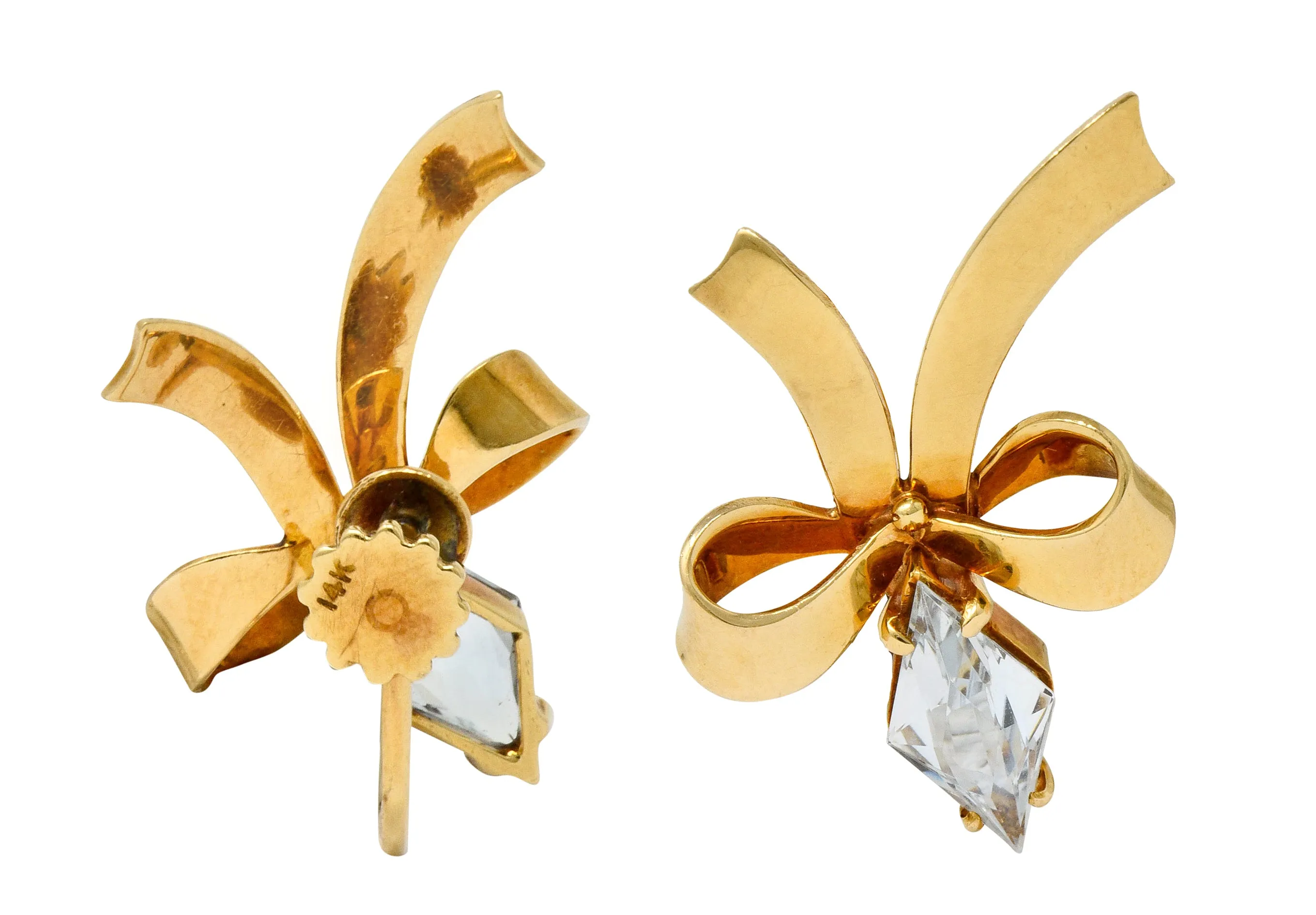 Retro Aquamarine 14 Karat Gold Ribboned Bow Screwback Earrings