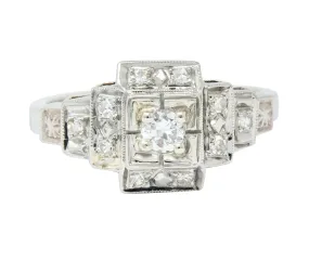 Retro Diamond 14 Karat White Gold Engagement Ring Circa 1940's