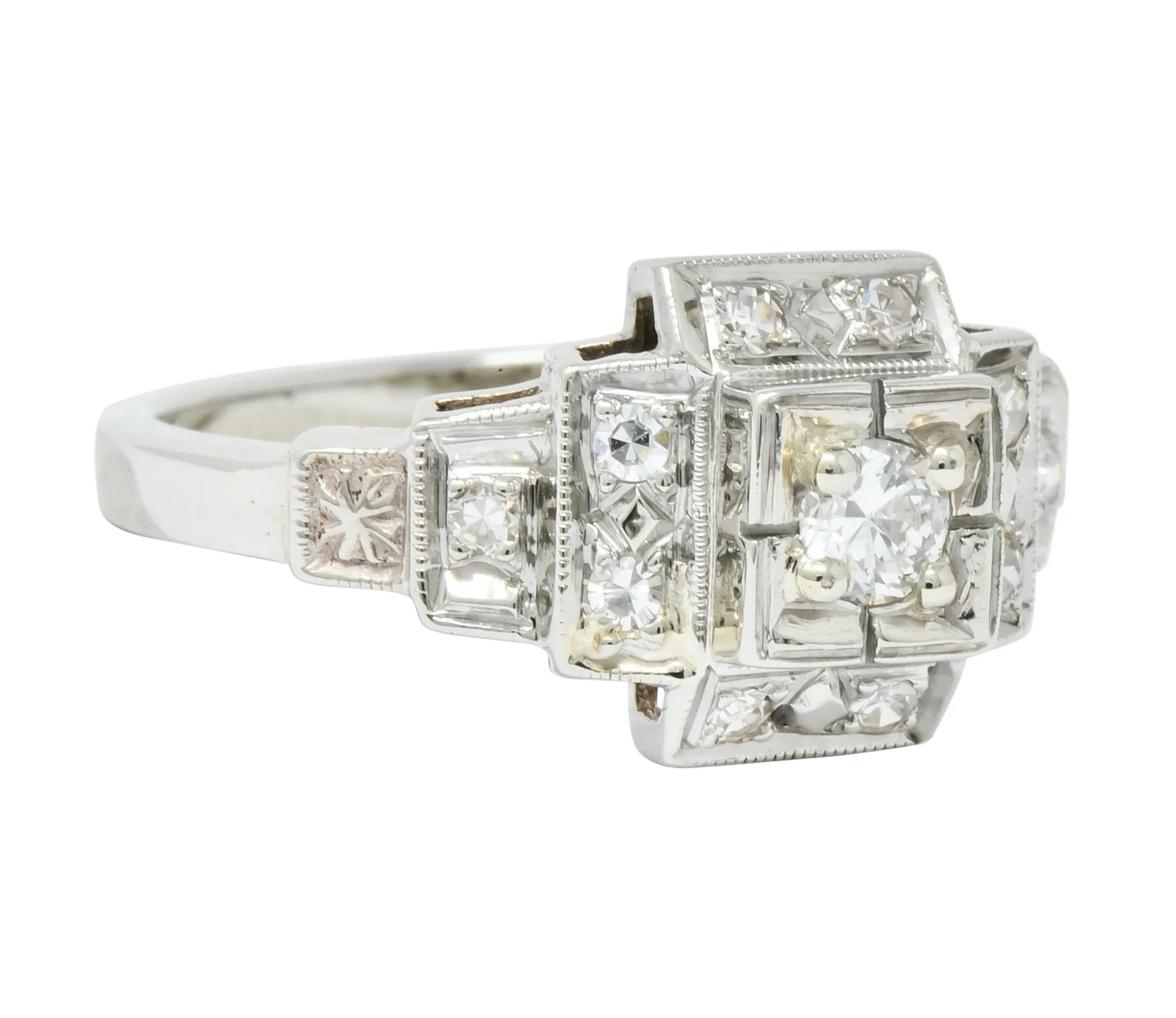 Retro Diamond 14 Karat White Gold Engagement Ring Circa 1940's