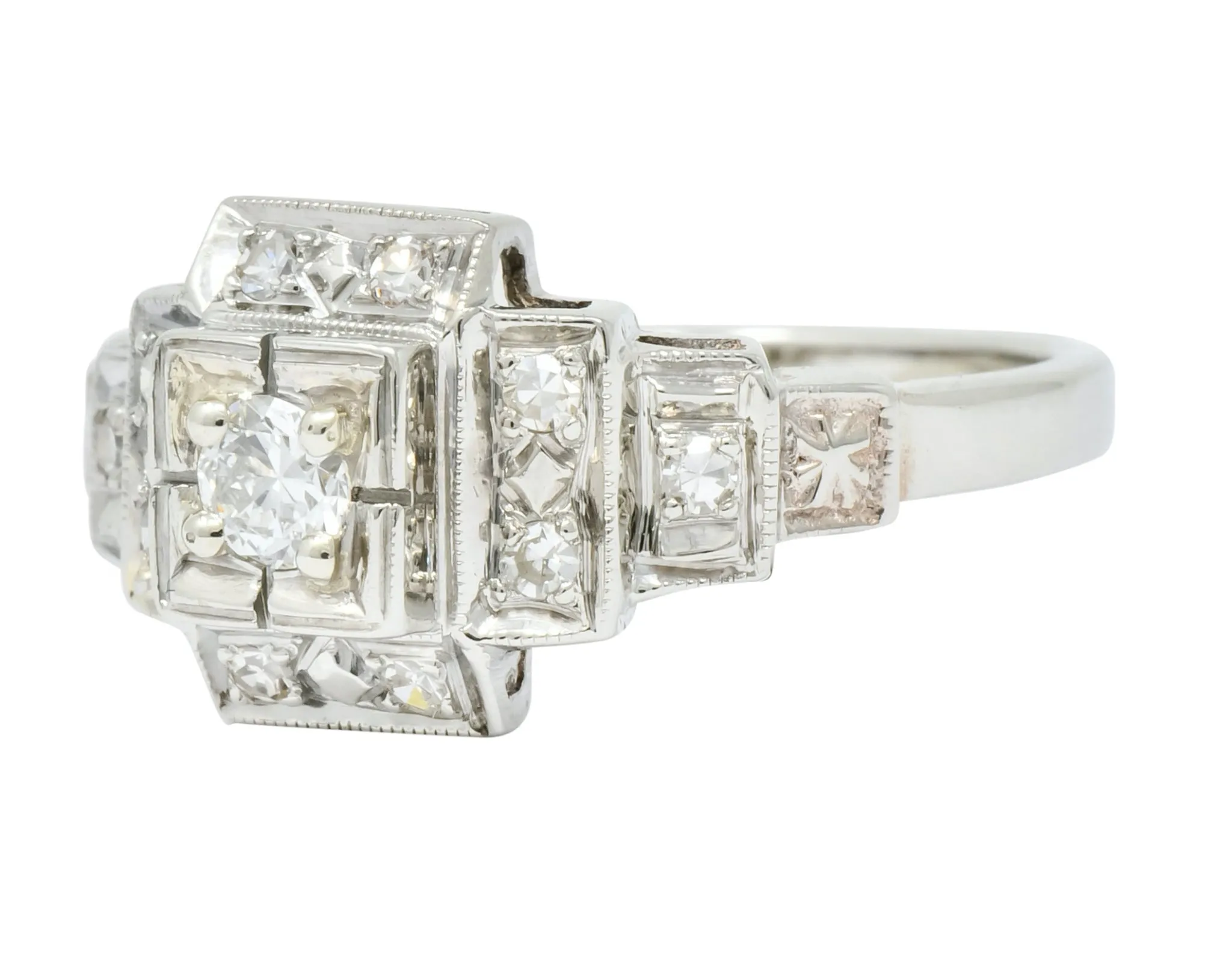 Retro Diamond 14 Karat White Gold Engagement Ring Circa 1940's