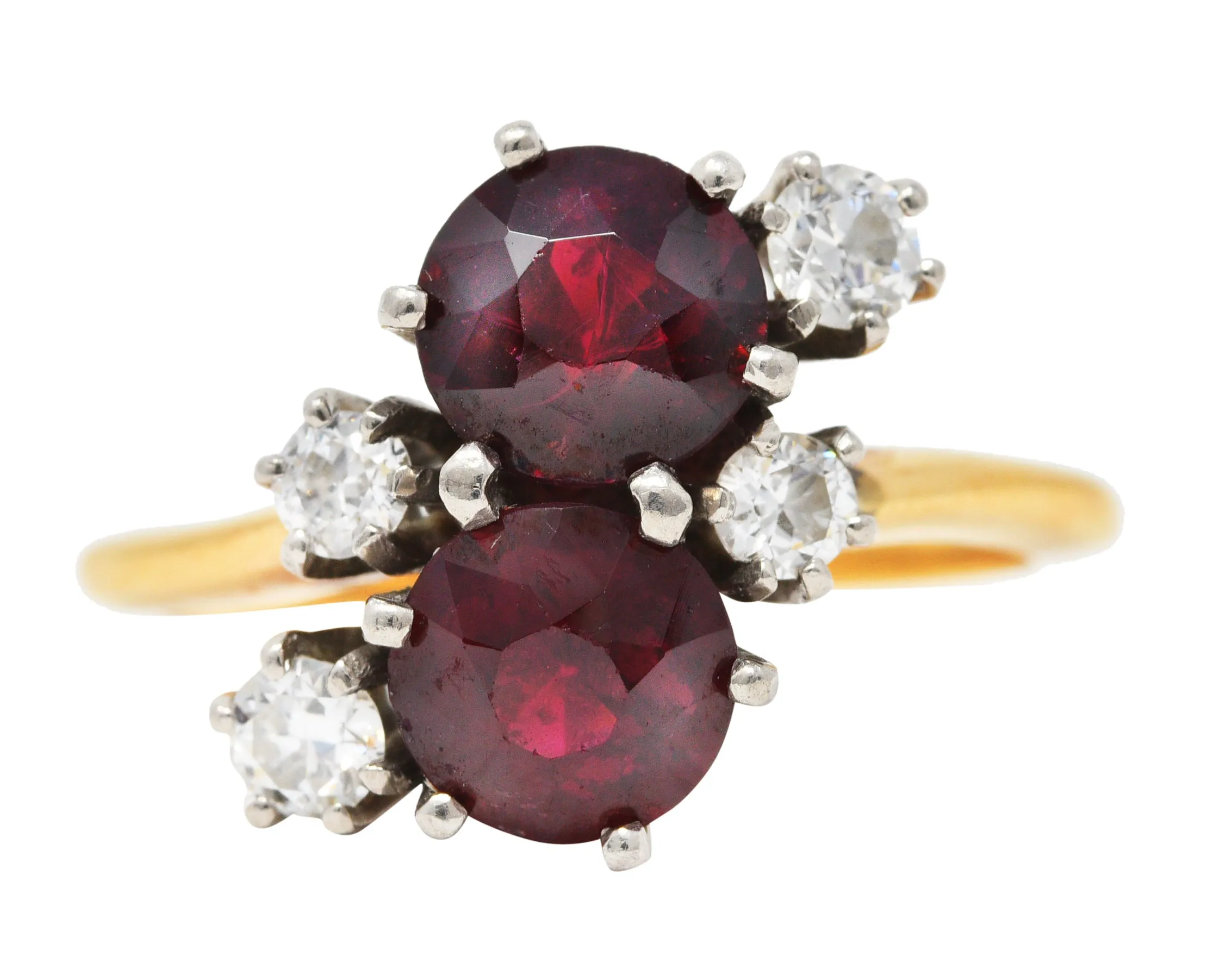 Retro Garnet Diamond Palladium 14 Karat Yellow Gold Cluster Toi Et Moi Vintage Ring