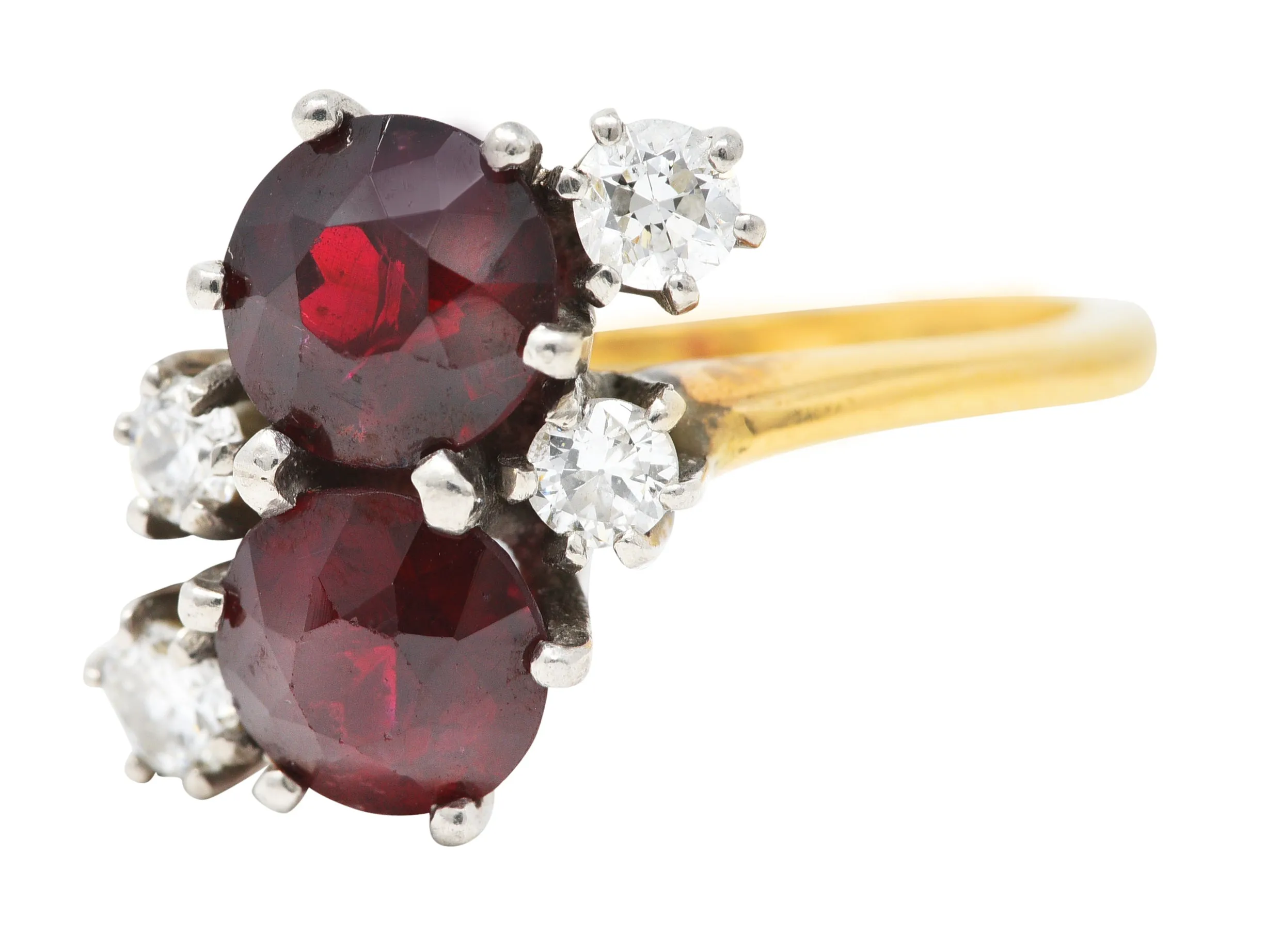 Retro Garnet Diamond Palladium 14 Karat Yellow Gold Cluster Toi Et Moi Vintage Ring