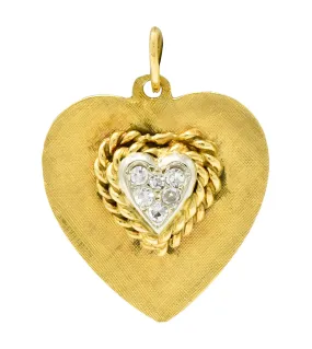 Retro Pave Diamond Platinum-Topped 14 Karat Gold Heart Charm