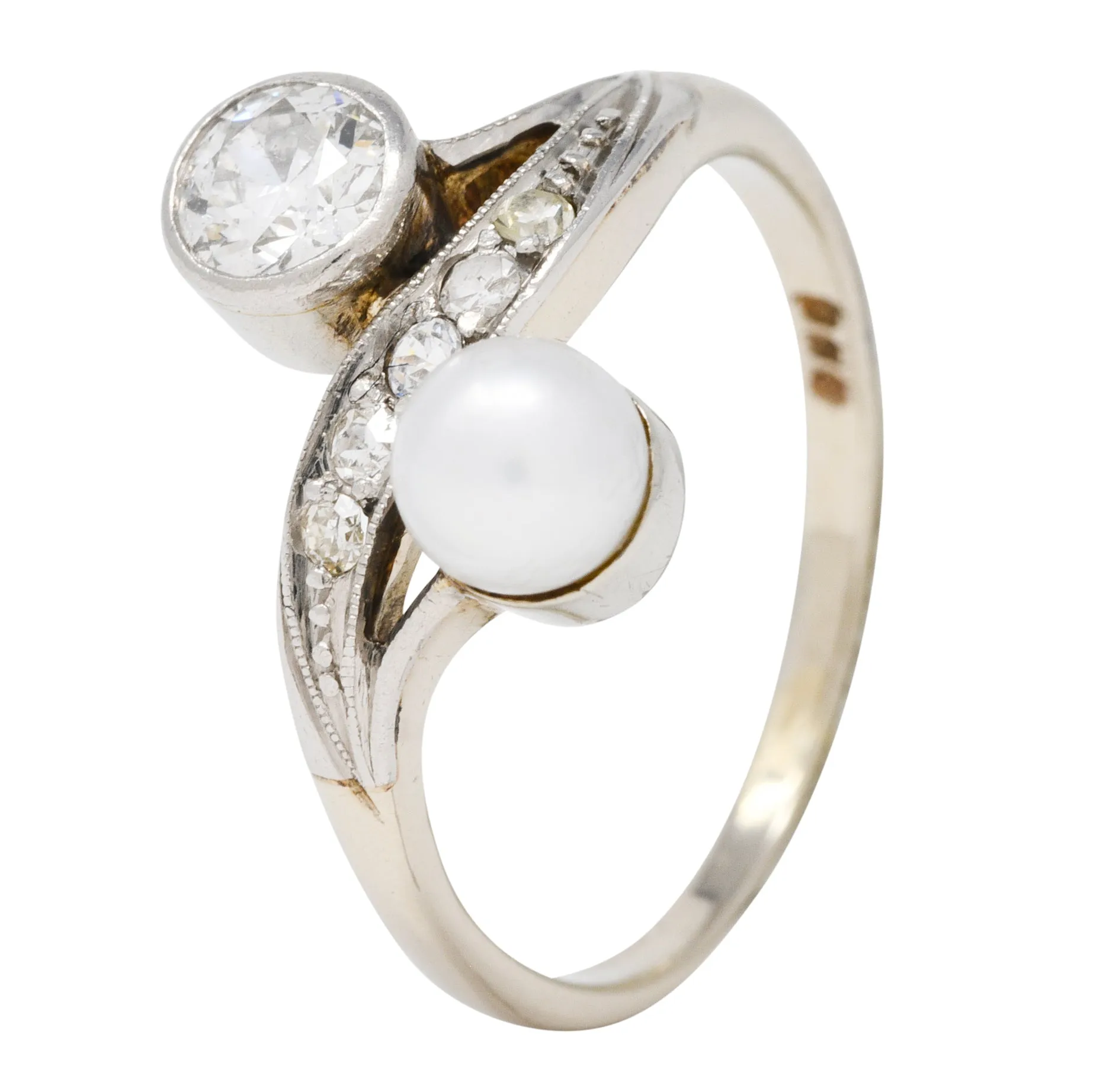 Retro Pearl Diamond 14 Karat White Gold Toi Et Moi Ring