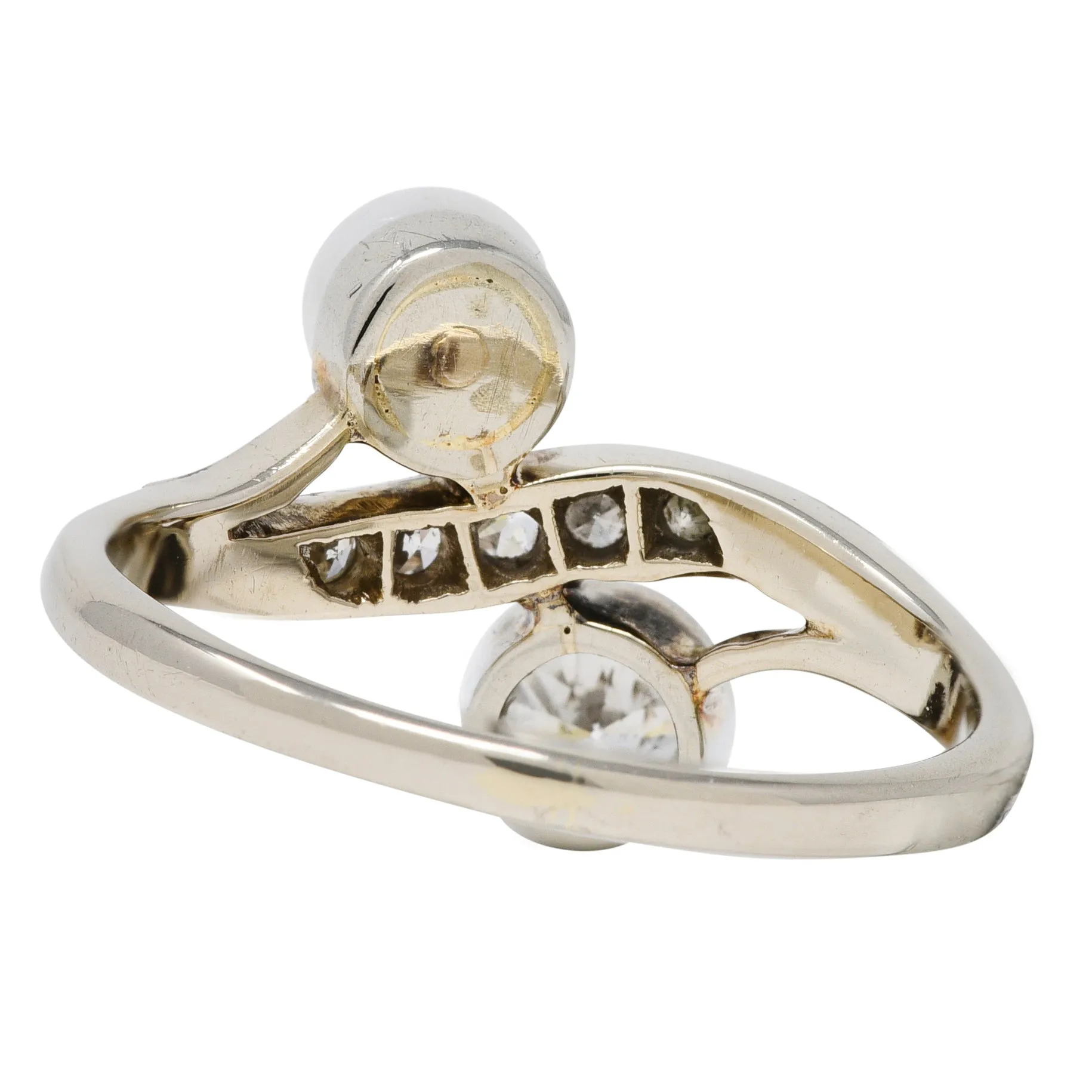 Retro Pearl Diamond 14 Karat White Gold Toi Et Moi Ring