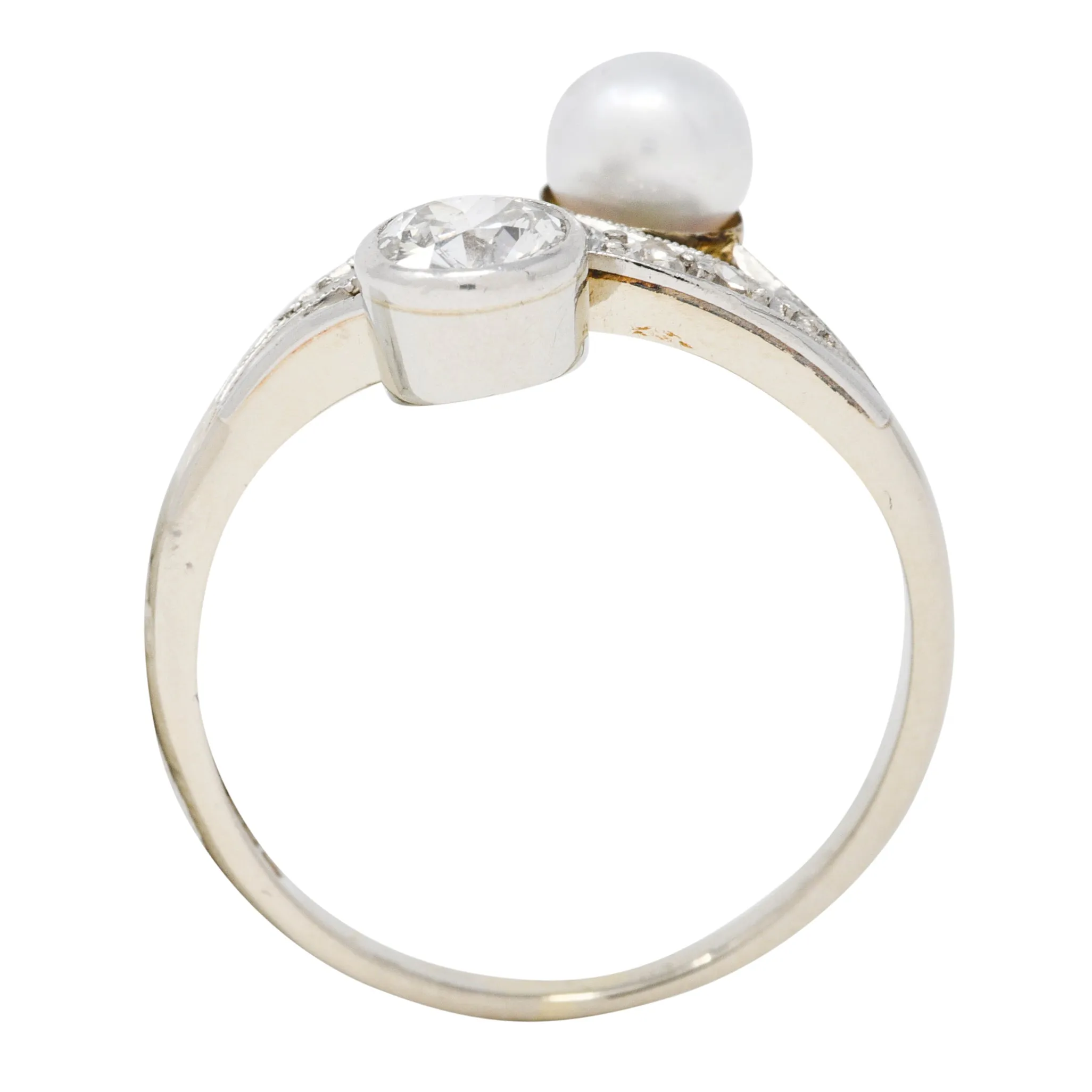 Retro Pearl Diamond 14 Karat White Gold Toi Et Moi Ring