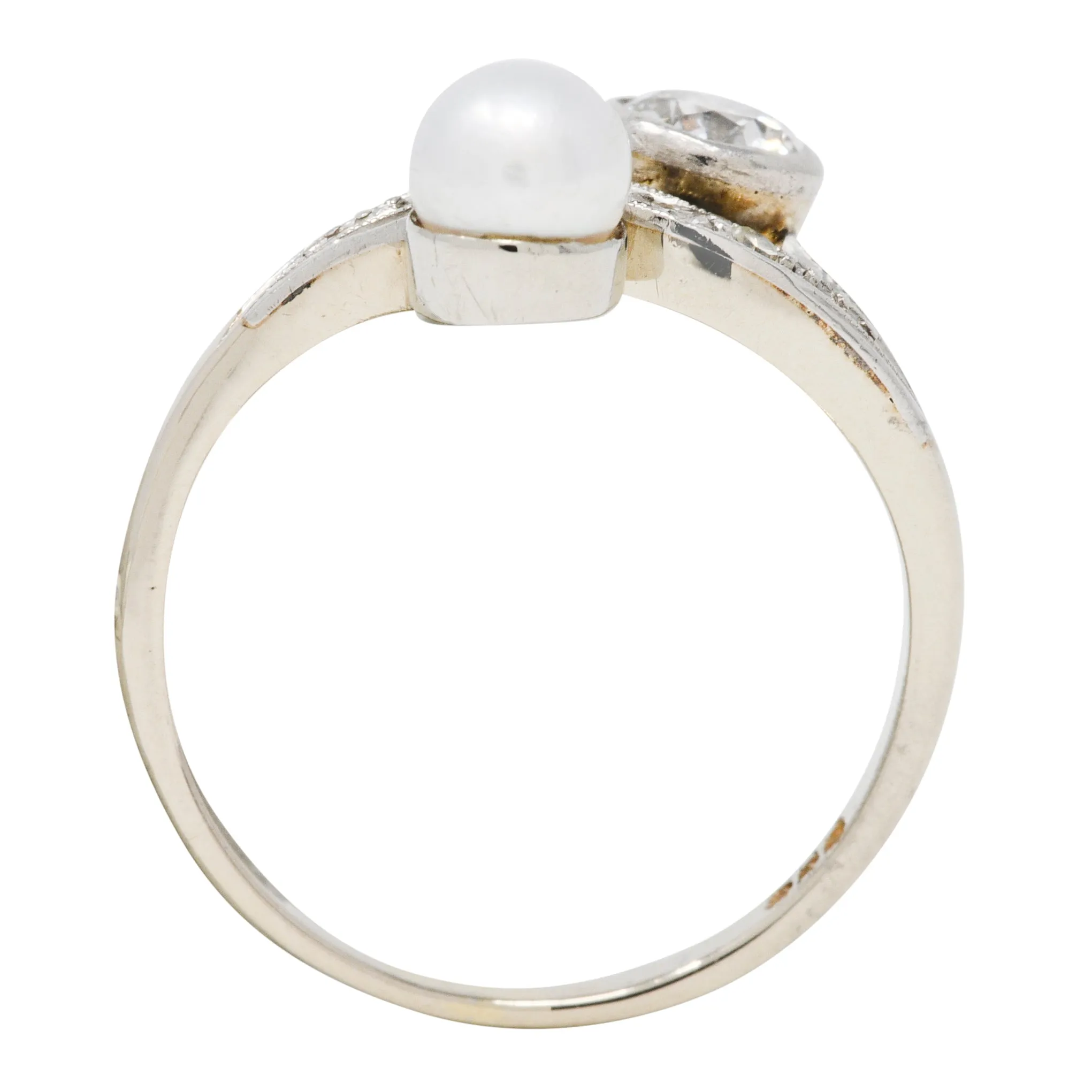 Retro Pearl Diamond 14 Karat White Gold Toi Et Moi Ring