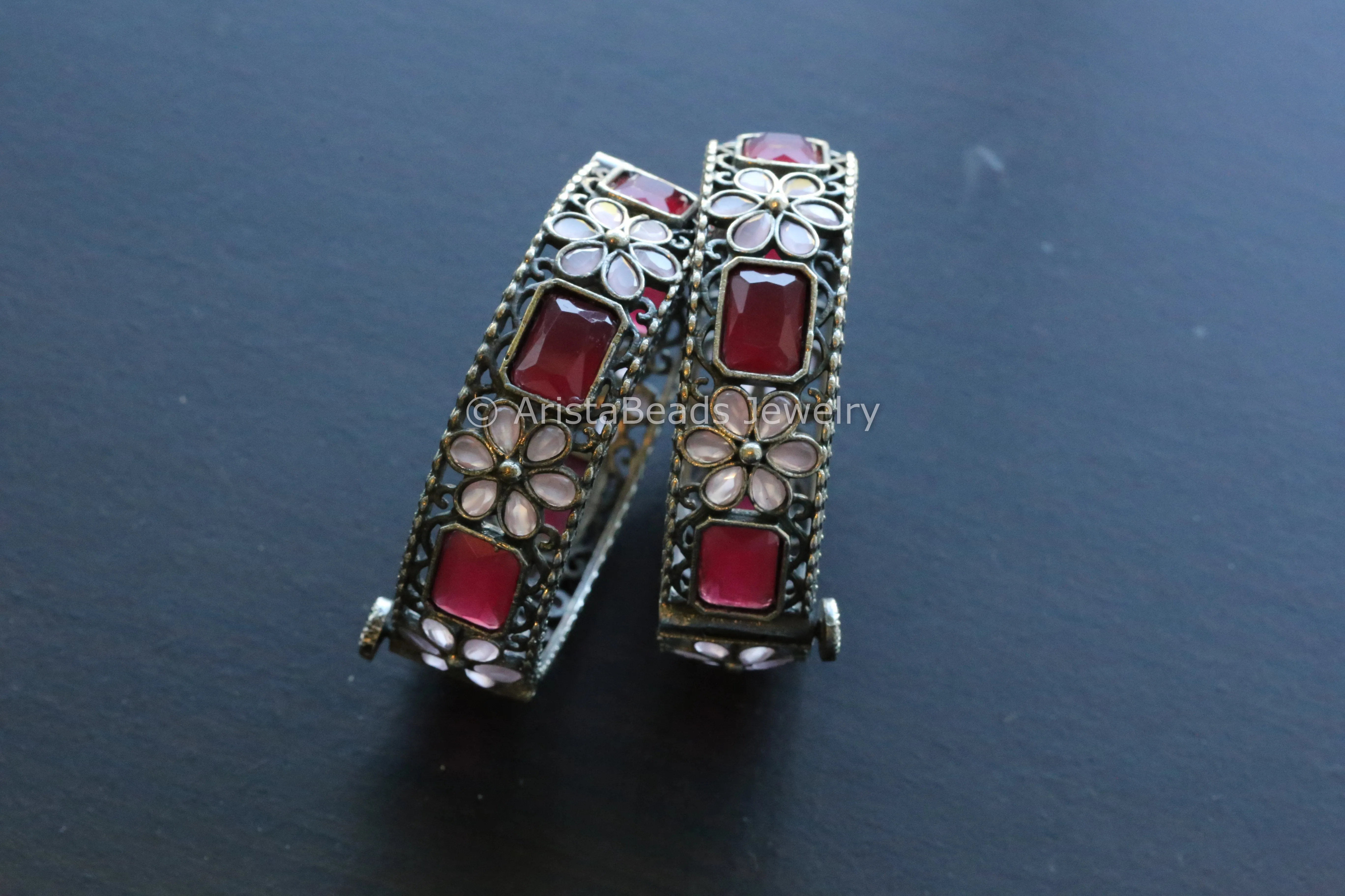 Ruby Pink Oxidized Bangle Set (2.6 openable)