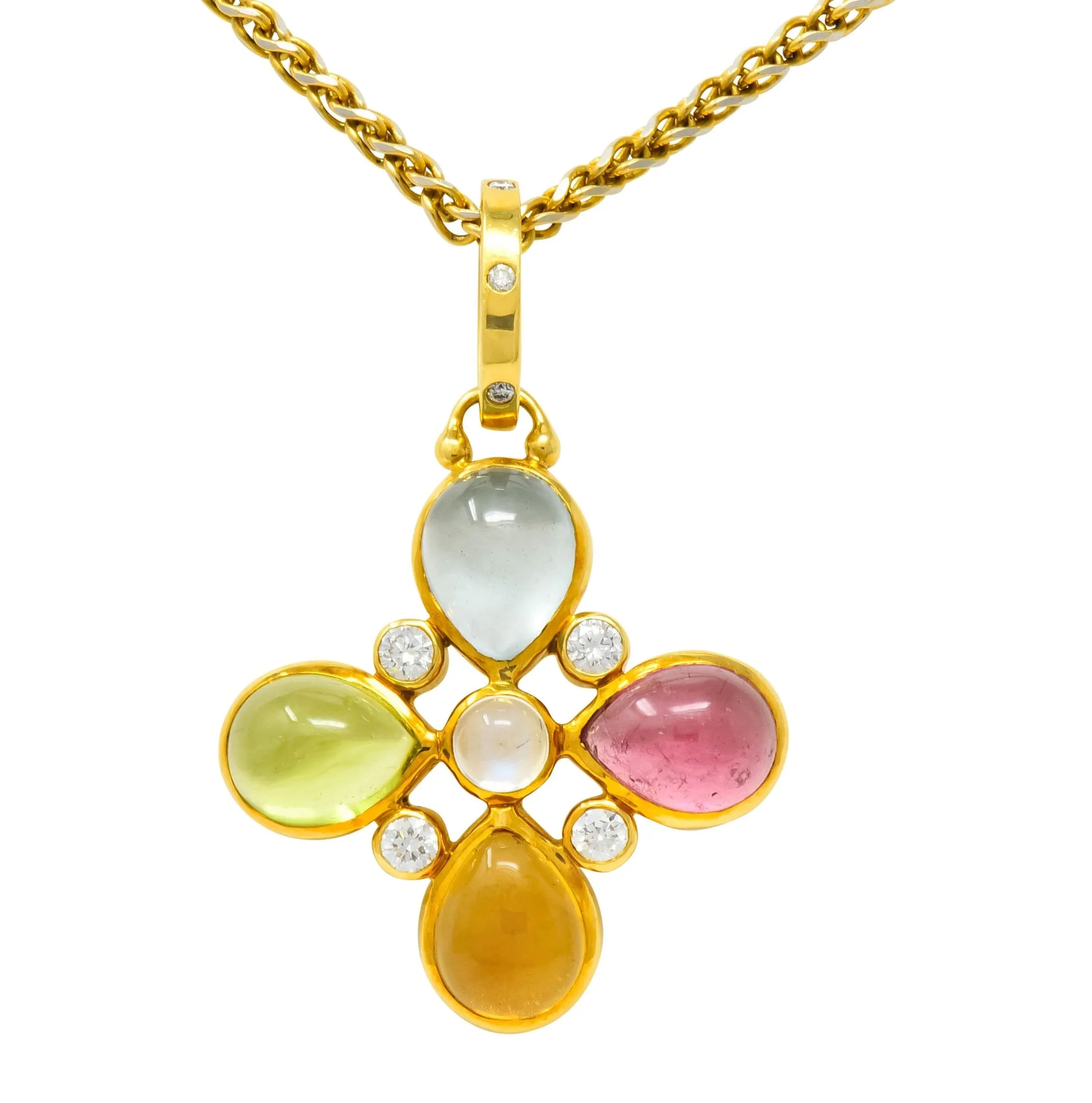 Temple St. Clair Contemporary Multi-Gem Diamond 18 Karat Gold Floral Pendant Necklace