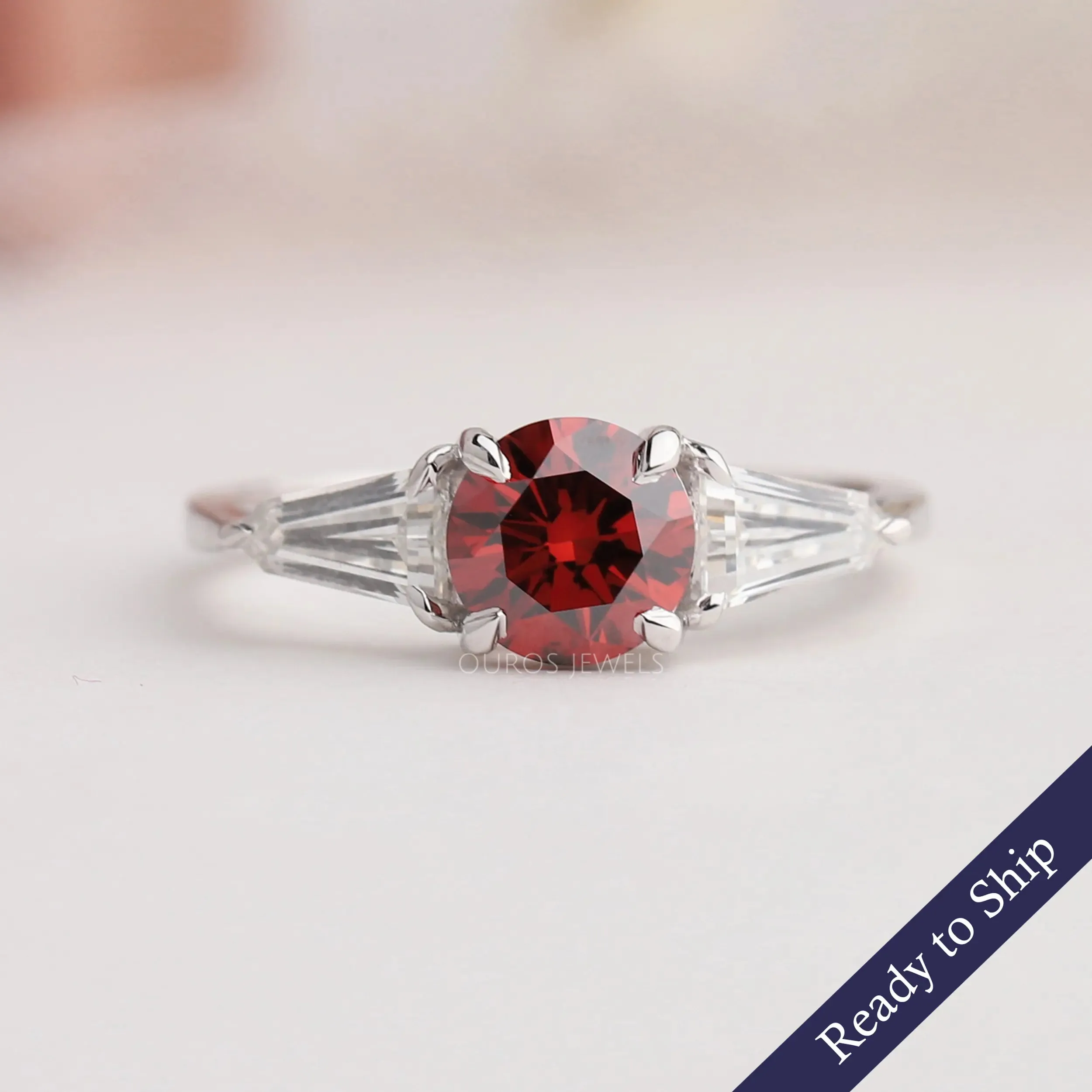 Three Stone Red Round Diamond Engagement Ring