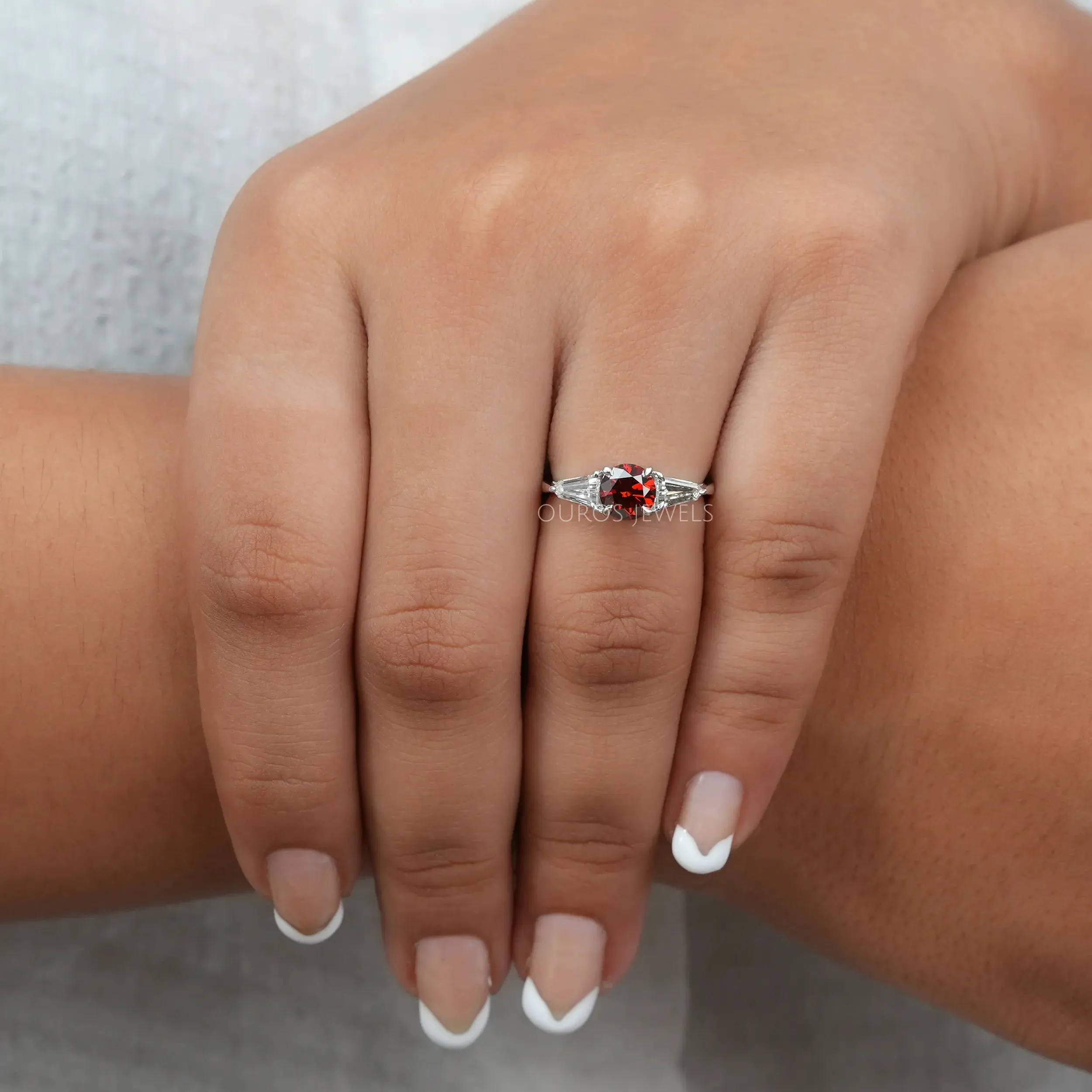 Three Stone Red Round Diamond Engagement Ring