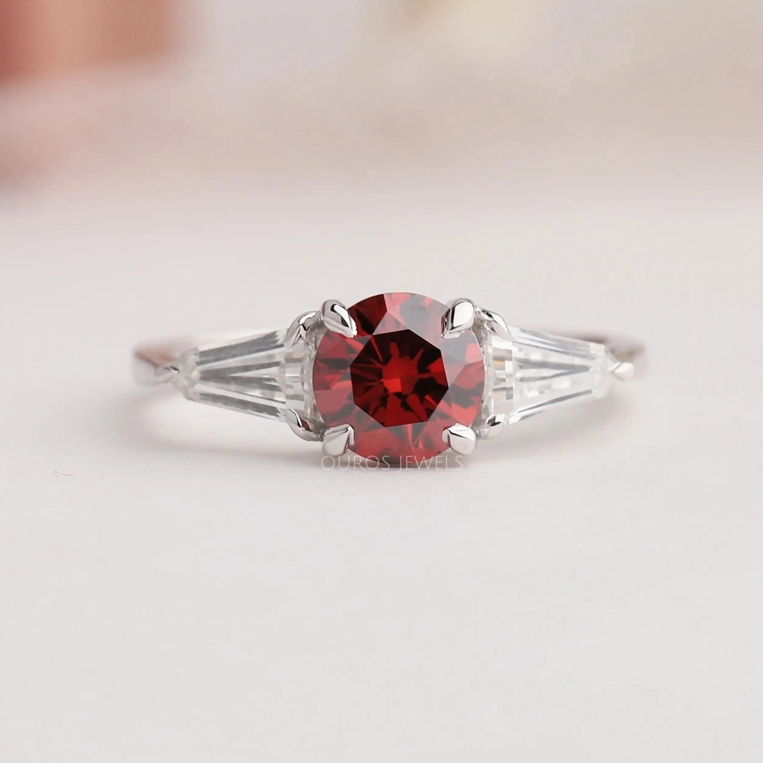 Three Stone Red Round Diamond Engagement Ring