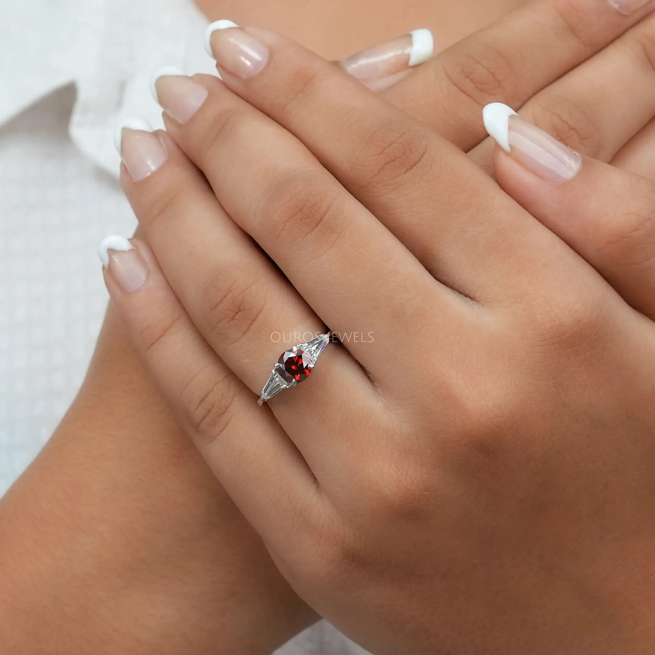 Three Stone Red Round Diamond Engagement Ring